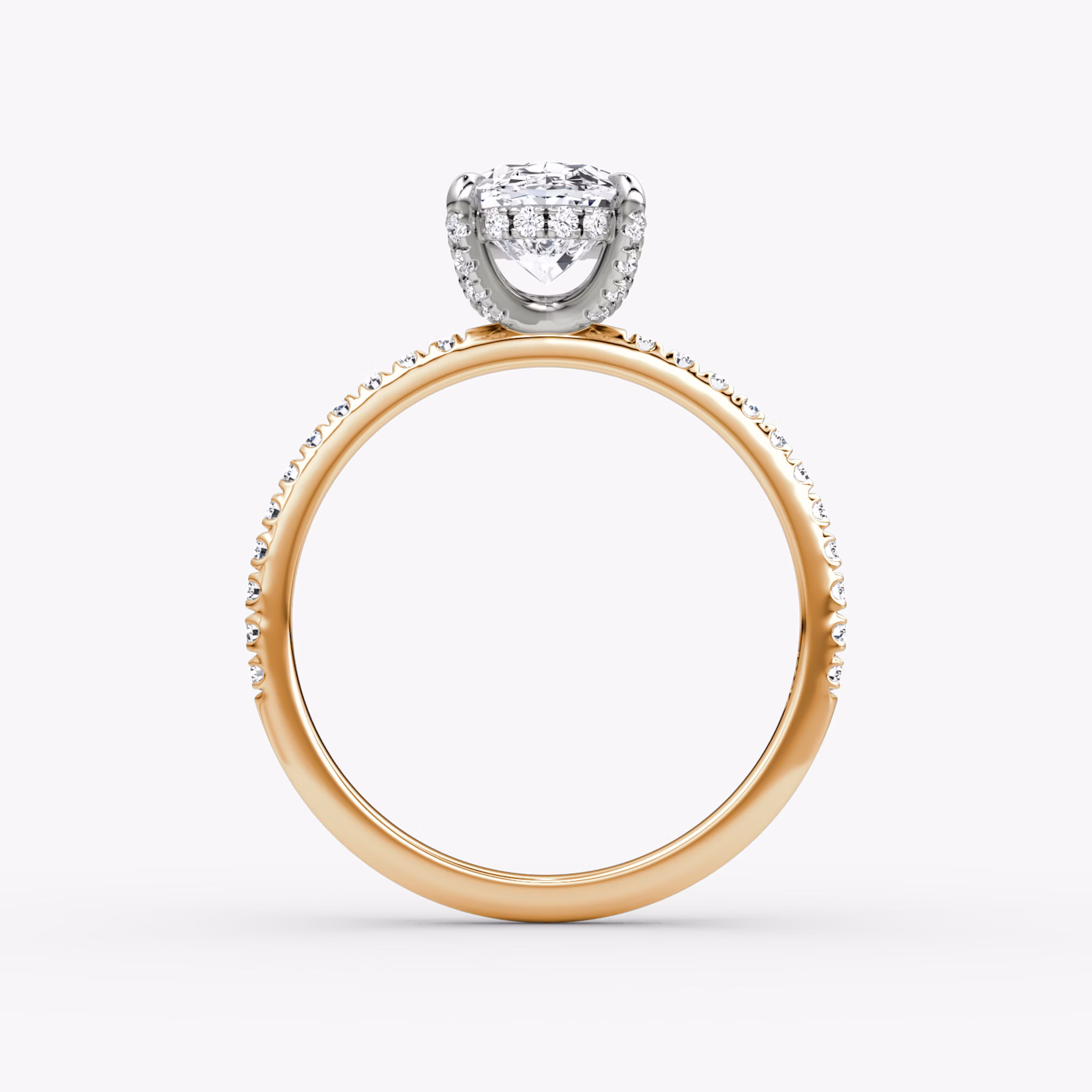 The Classic Hidden Halo | Oval | 14k | Rose Gold and Platinum | bandAccent: Pavé | bandWidth: standard | prongStyle: Pavé | diamondOrientation: vertical | caratWeight: other