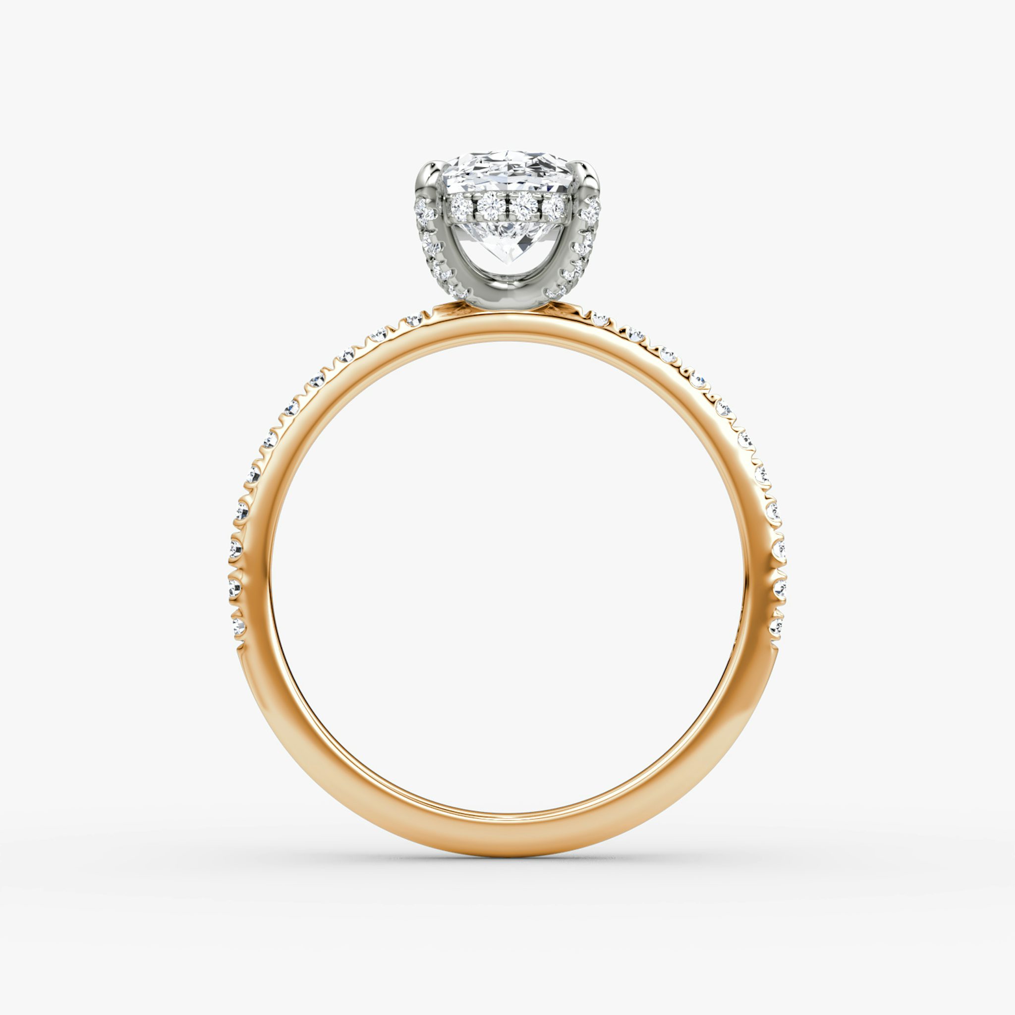 The Classic Hidden Halo | Oval | 14k | Rose Gold and Platinum | bandAccent: Pavé | bandWidth: standard | prongStyle: Pavé | diamondOrientation: vertical | caratWeight: other