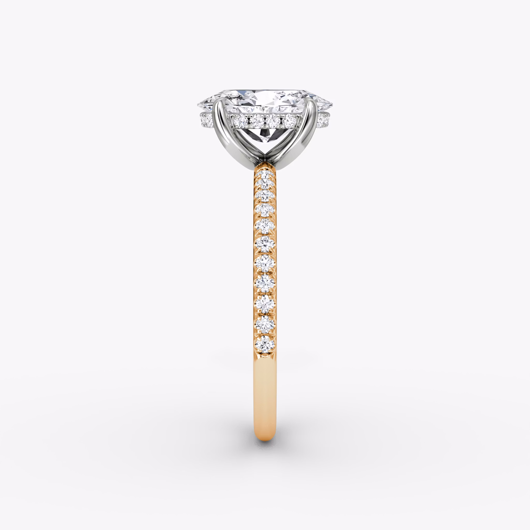 Anillo de compromiso Classic Hidden Halo | Oval | 14k | Oro rosa y platino | bandAccent: Pavé | bandWidth: standard | prongStyle: Simple | diamondOrientation: vertical | caratWeight: other