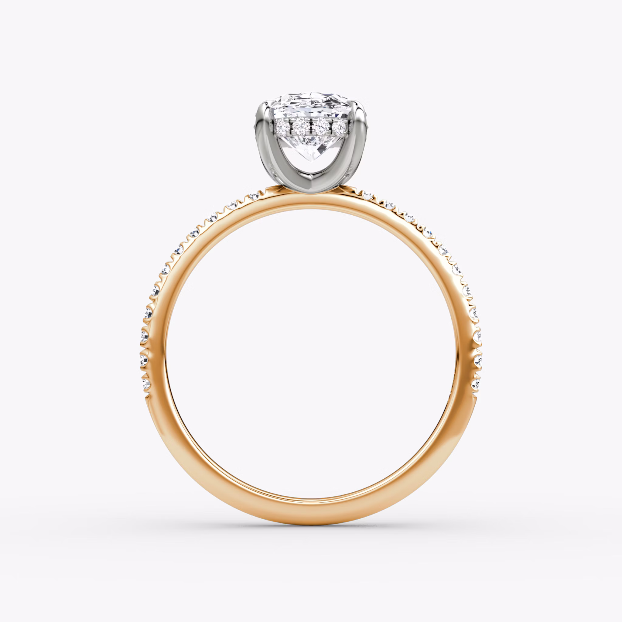 Anillo de compromiso Classic Hidden Halo | Oval | 14k | Oro rosa y platino | bandAccent: Pavé | bandWidth: standard | prongStyle: Simple | diamondOrientation: vertical | caratWeight: other
