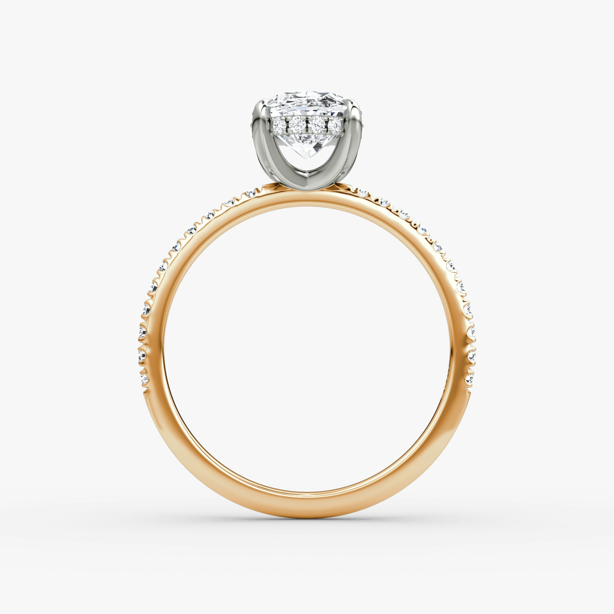 Anillo de compromiso Classic Hidden Halo | Oval | 14k | Oro rosa y platino | bandAccent: Pavé | bandWidth: standard | prongStyle: Simple | diamondOrientation: vertical | caratWeight: other