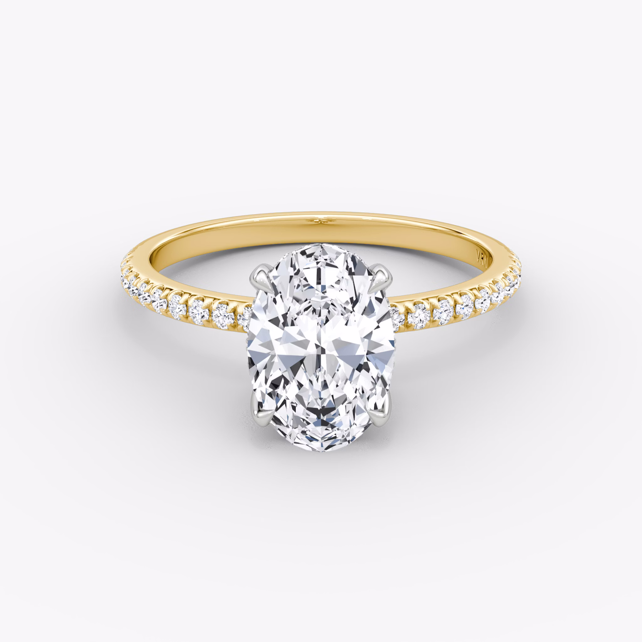 Anillo de compromiso Classic Hidden Halo | Oval | 18k | Oro amarillo y platino | bandAccent: Pavé | bandWidth: standard | prongStyle: Simple | diamondOrientation: vertical | caratWeight: other
