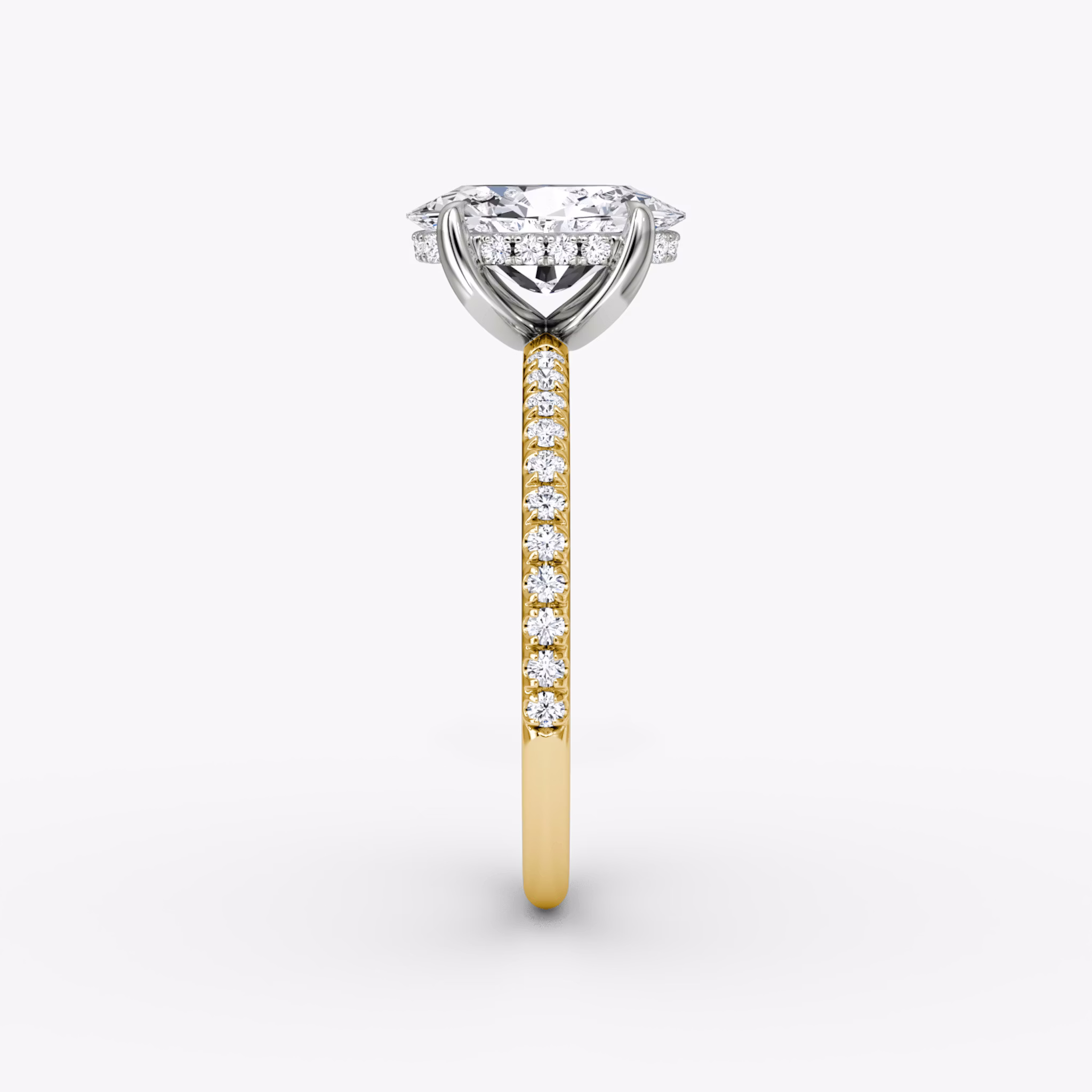 Anillo de compromiso Classic Hidden Halo | Oval | 18k | Oro amarillo y platino | bandAccent: Pavé | bandWidth: standard | prongStyle: Simple | diamondOrientation: vertical | caratWeight: other