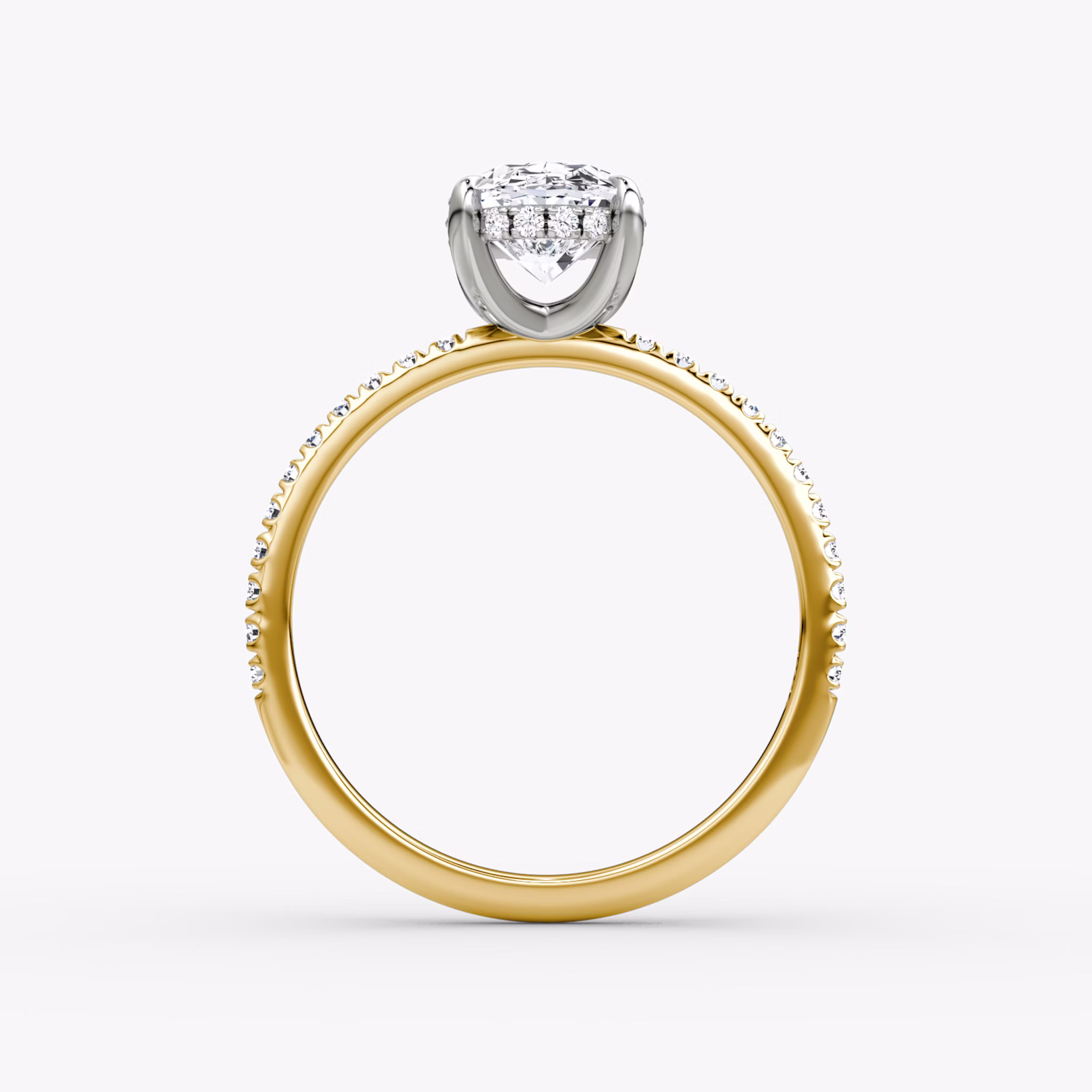 Anillo de compromiso Classic Hidden Halo | Oval | 18k | Oro amarillo y platino | bandAccent: Pavé | bandWidth: standard | prongStyle: Simple | diamondOrientation: vertical | caratWeight: other