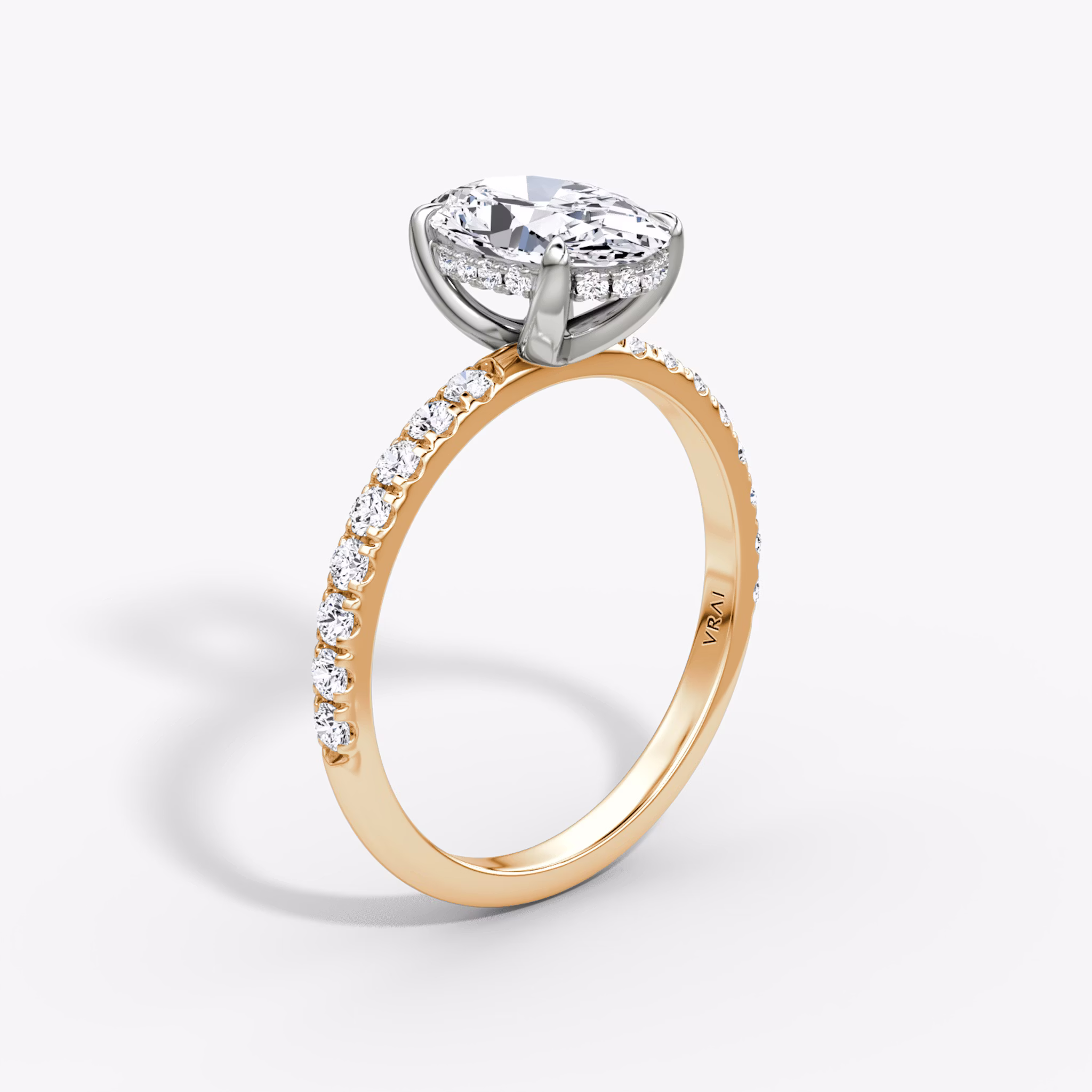 Anillo de compromiso Classic Hidden Halo | Oval | 14k | Oro rosa y platino | bandAccent: Pavé | bandWidth: large | prongStyle: Simple | diamondOrientation: vertical | caratWeight: other