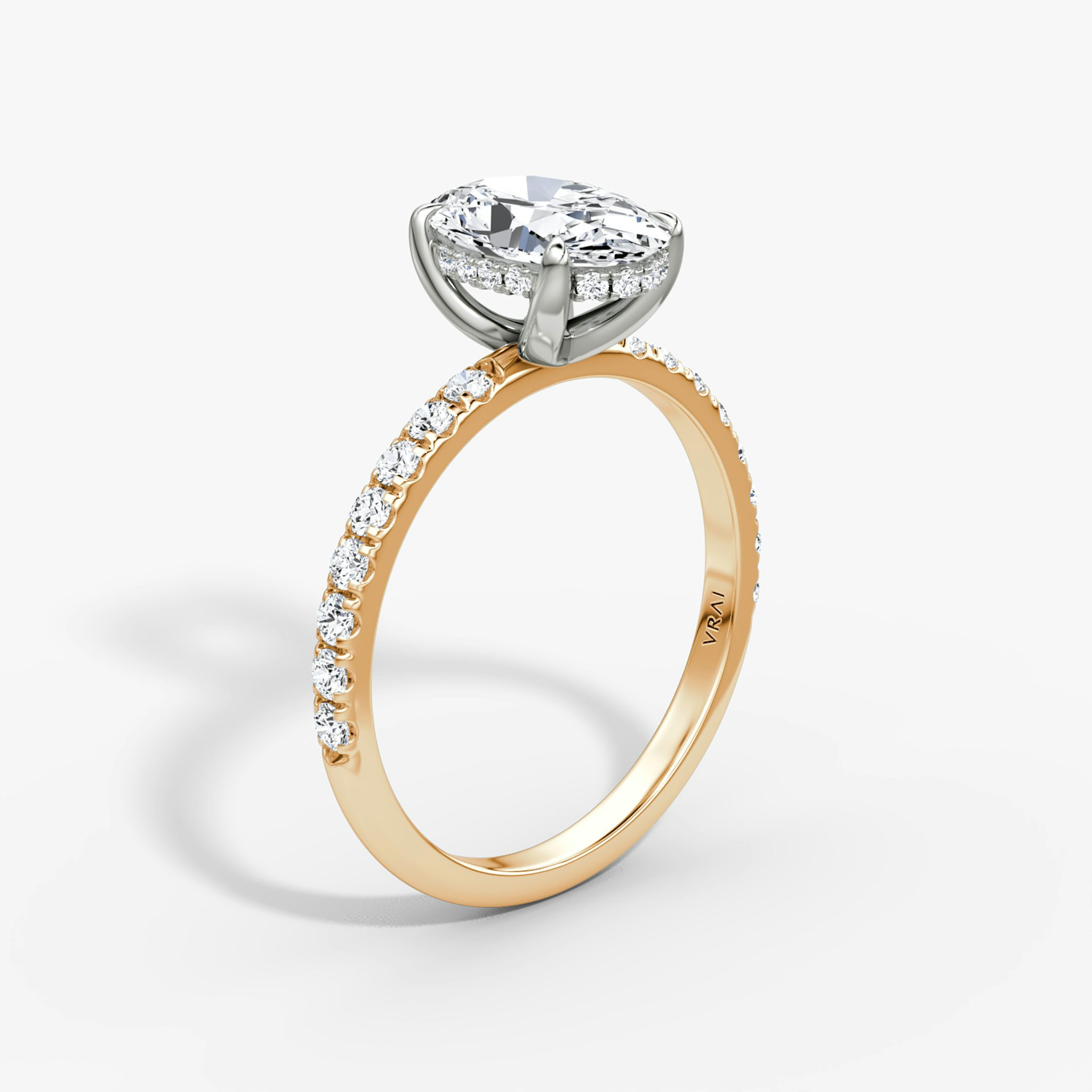 Anillo de compromiso Classic Hidden Halo | Oval | 14k | Oro rosa y platino | bandAccent: Pavé | bandWidth: large | prongStyle: Simple | diamondOrientation: vertical | caratWeight: other