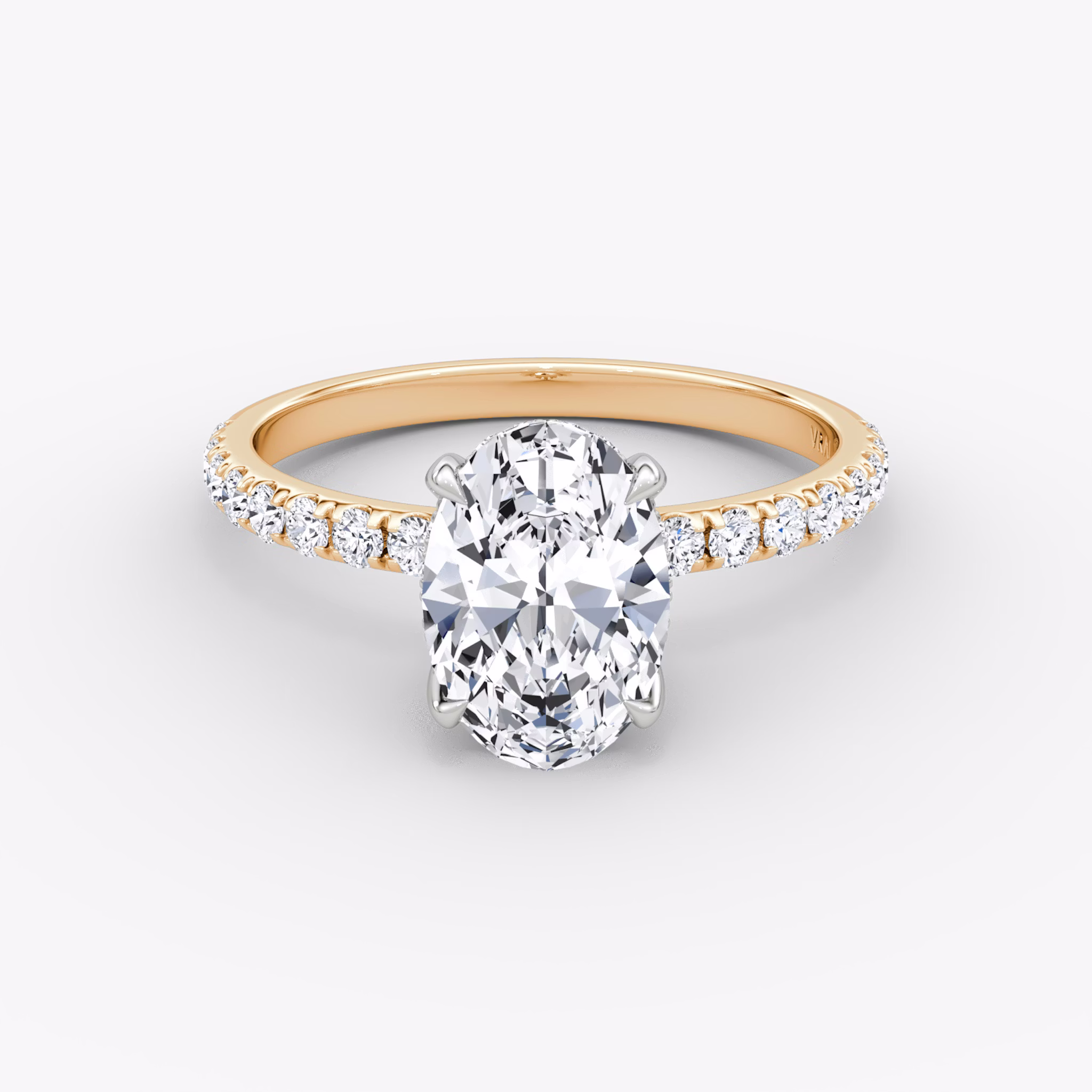Anillo de compromiso Classic Hidden Halo | Oval | 14k | Oro rosa y platino | bandAccent: Pavé | bandWidth: large | prongStyle: Simple | diamondOrientation: vertical | caratWeight: other