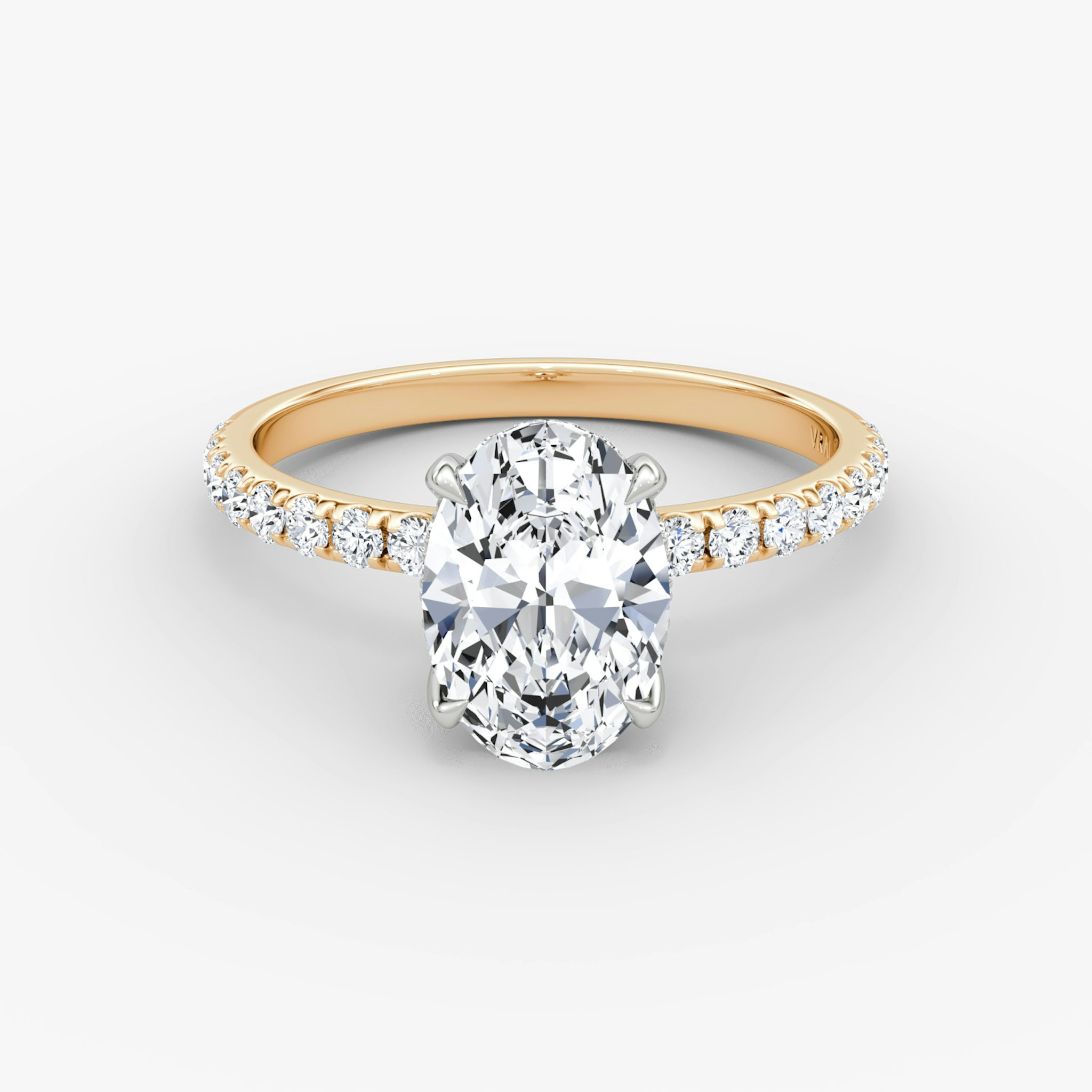 Anillo de compromiso Classic Hidden Halo | Oval | 14k | Oro rosa y platino | bandAccent: Pavé | bandWidth: large | prongStyle: Simple | diamondOrientation: vertical | caratWeight: other