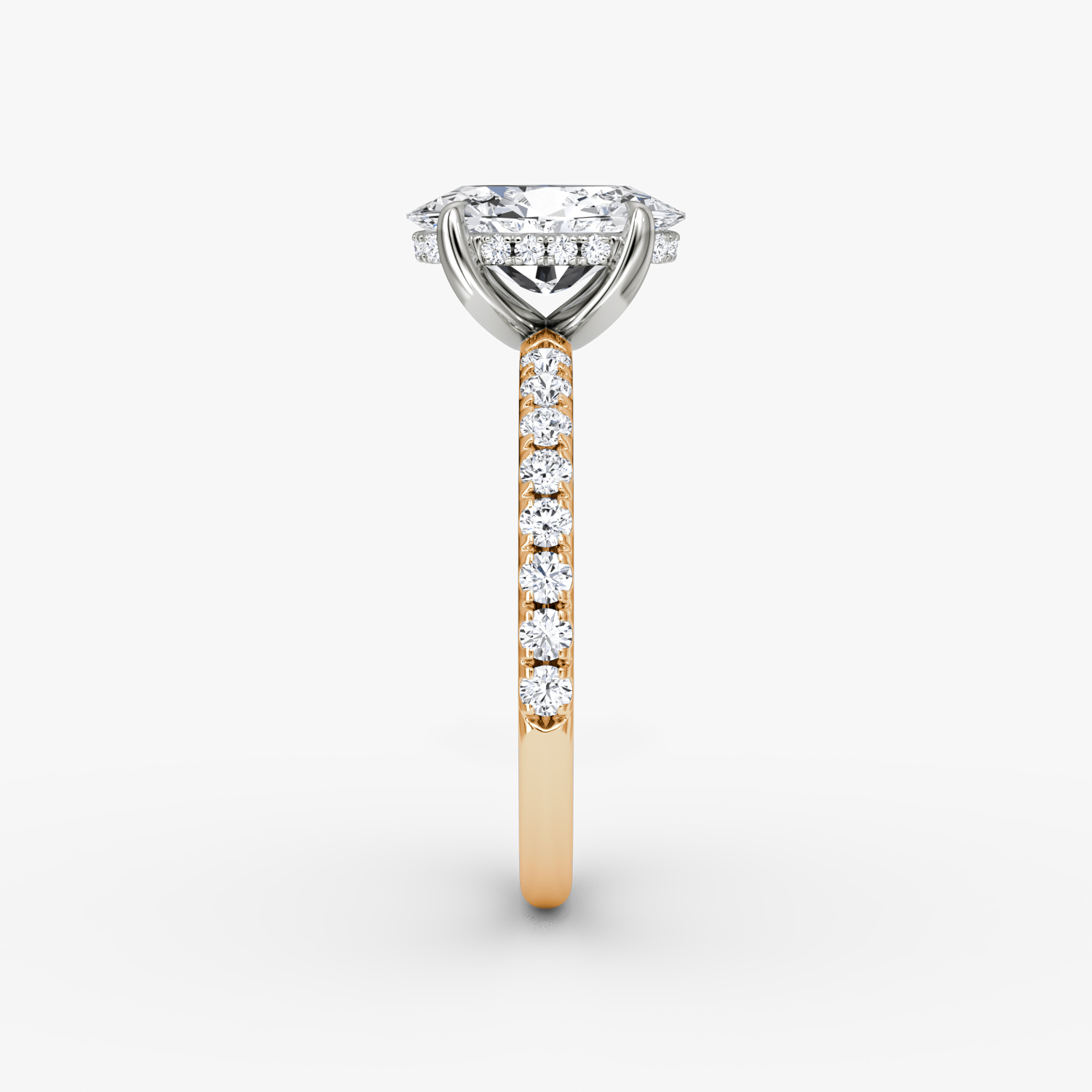 Anillo de compromiso Classic Hidden Halo | Oval | 14k | Oro rosa y platino | bandAccent: Pavé | bandWidth: large | prongStyle: Simple | diamondOrientation: vertical | caratWeight: other