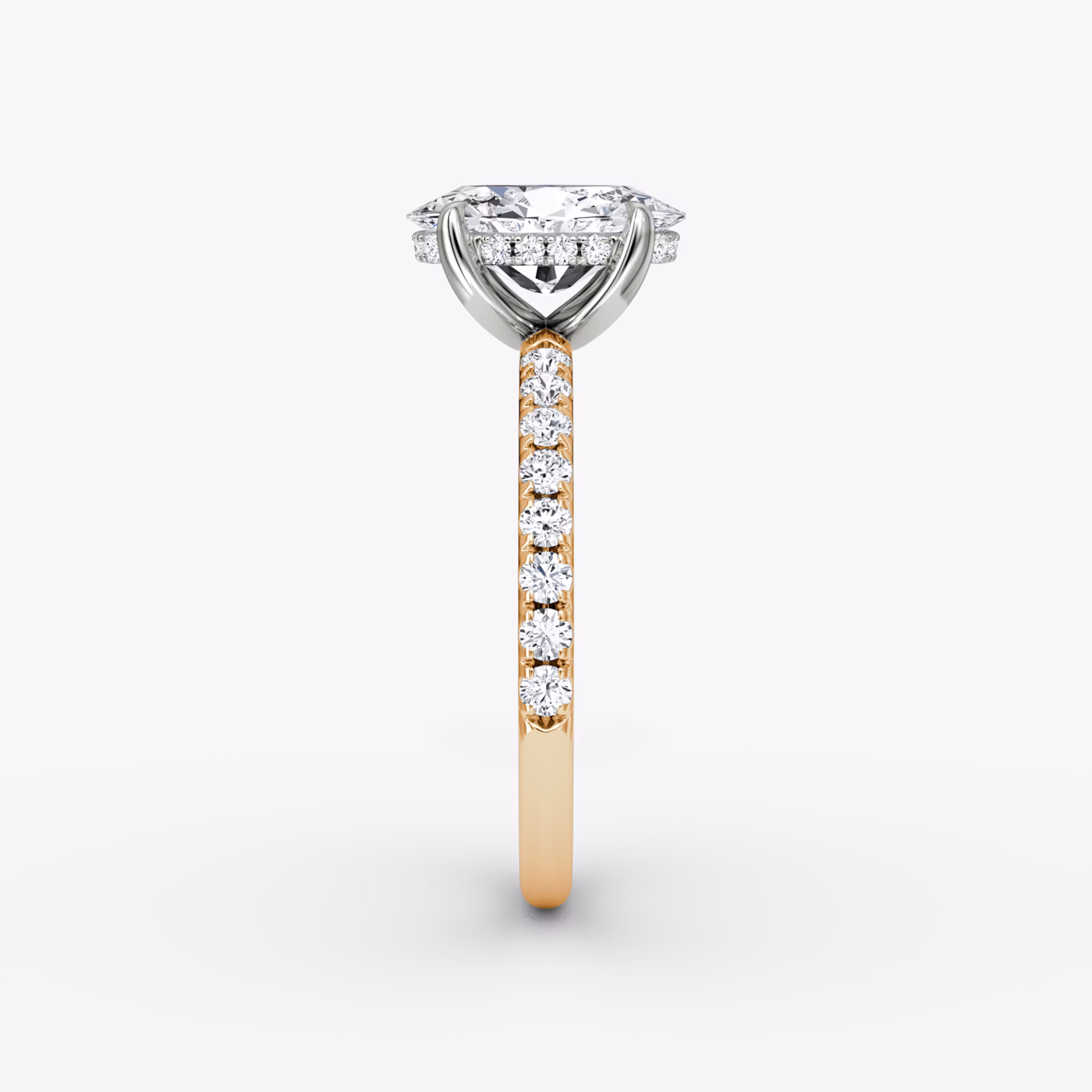 Anillo de compromiso Classic Hidden Halo | Oval | 14k | Oro rosa y platino | bandAccent: Pavé | bandWidth: large | prongStyle: Simple | diamondOrientation: vertical | caratWeight: other