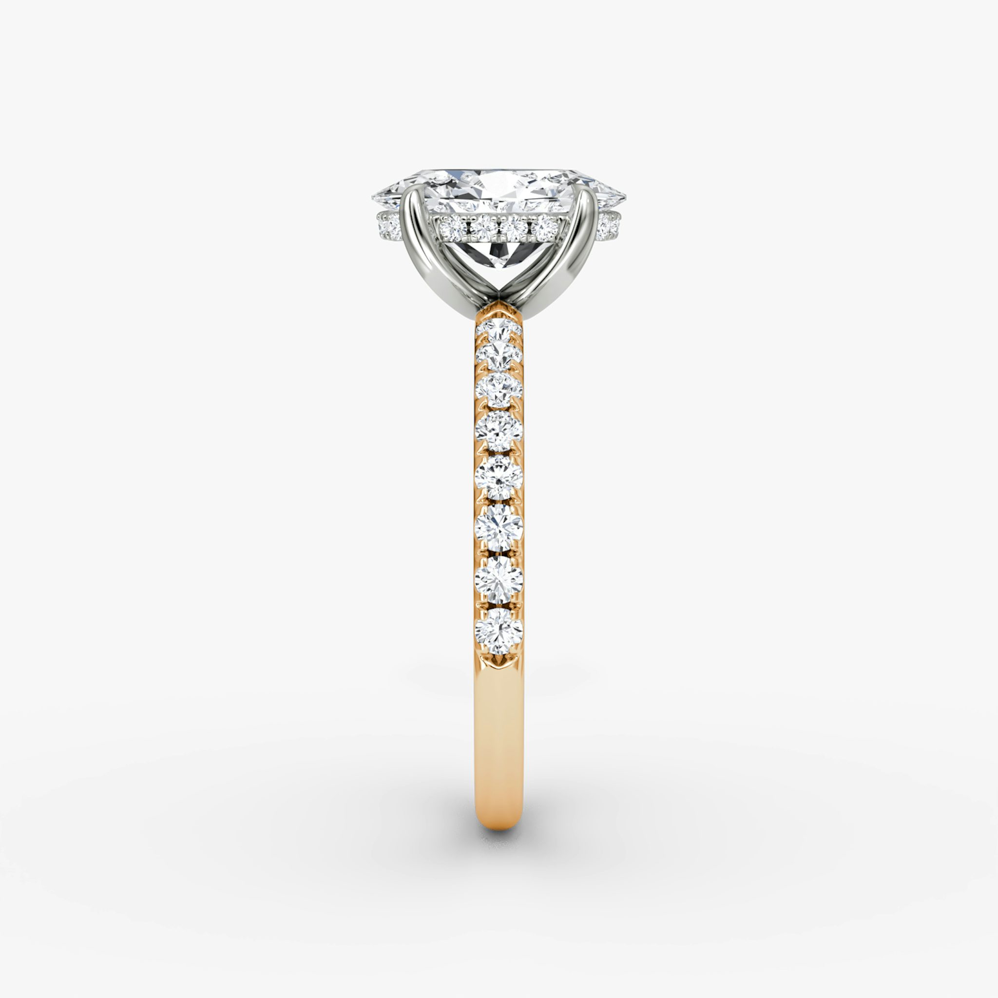 Anillo de compromiso Classic Hidden Halo | Oval | 14k | Oro rosa y platino | bandAccent: Pavé | bandWidth: large | prongStyle: Simple | diamondOrientation: vertical | caratWeight: other