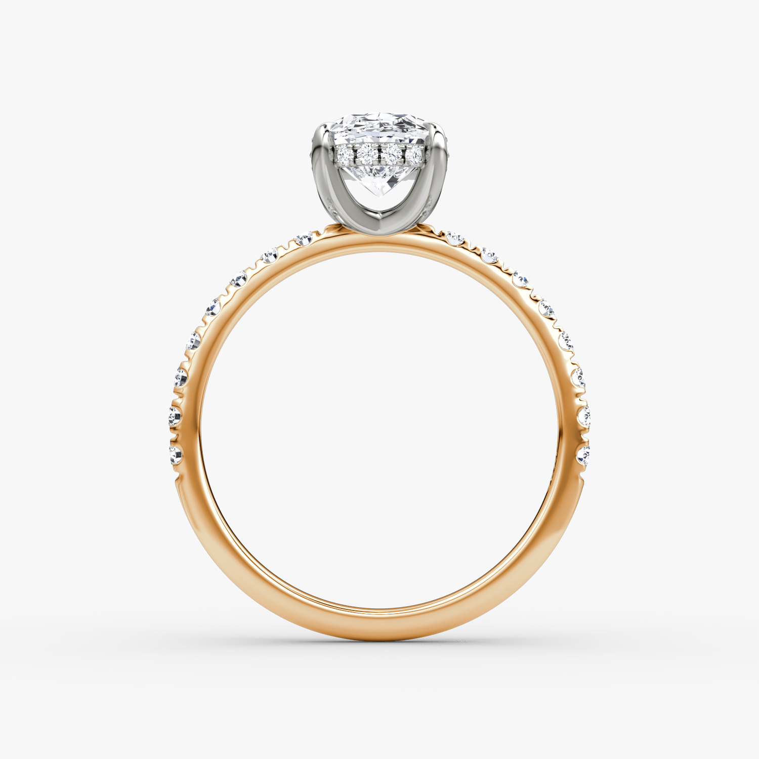 Anillo de compromiso Classic Hidden Halo | Oval | 14k | Oro rosa y platino | bandAccent: Pavé | bandWidth: large | prongStyle: Simple | diamondOrientation: vertical | caratWeight: other