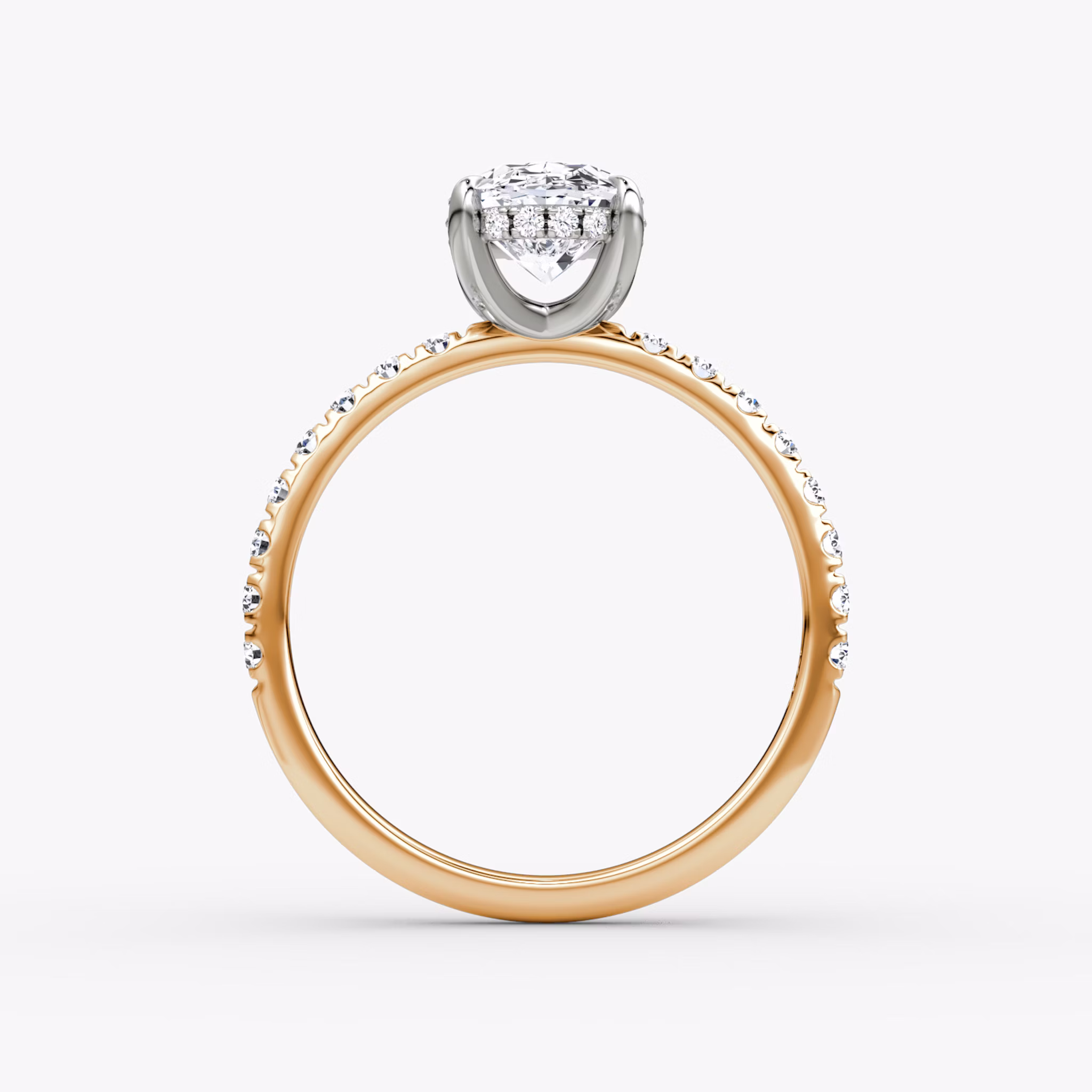 Anillo de compromiso Classic Hidden Halo | Oval | 14k | Oro rosa y platino | bandAccent: Pavé | bandWidth: large | prongStyle: Simple | diamondOrientation: vertical | caratWeight: other