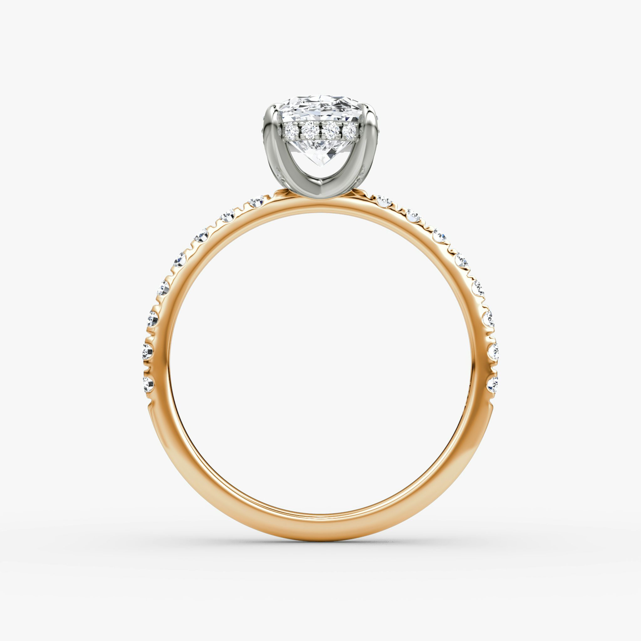 Anillo de compromiso Classic Hidden Halo | Oval | 14k | Oro rosa y platino | bandAccent: Pavé | bandWidth: large | prongStyle: Simple | diamondOrientation: vertical | caratWeight: other