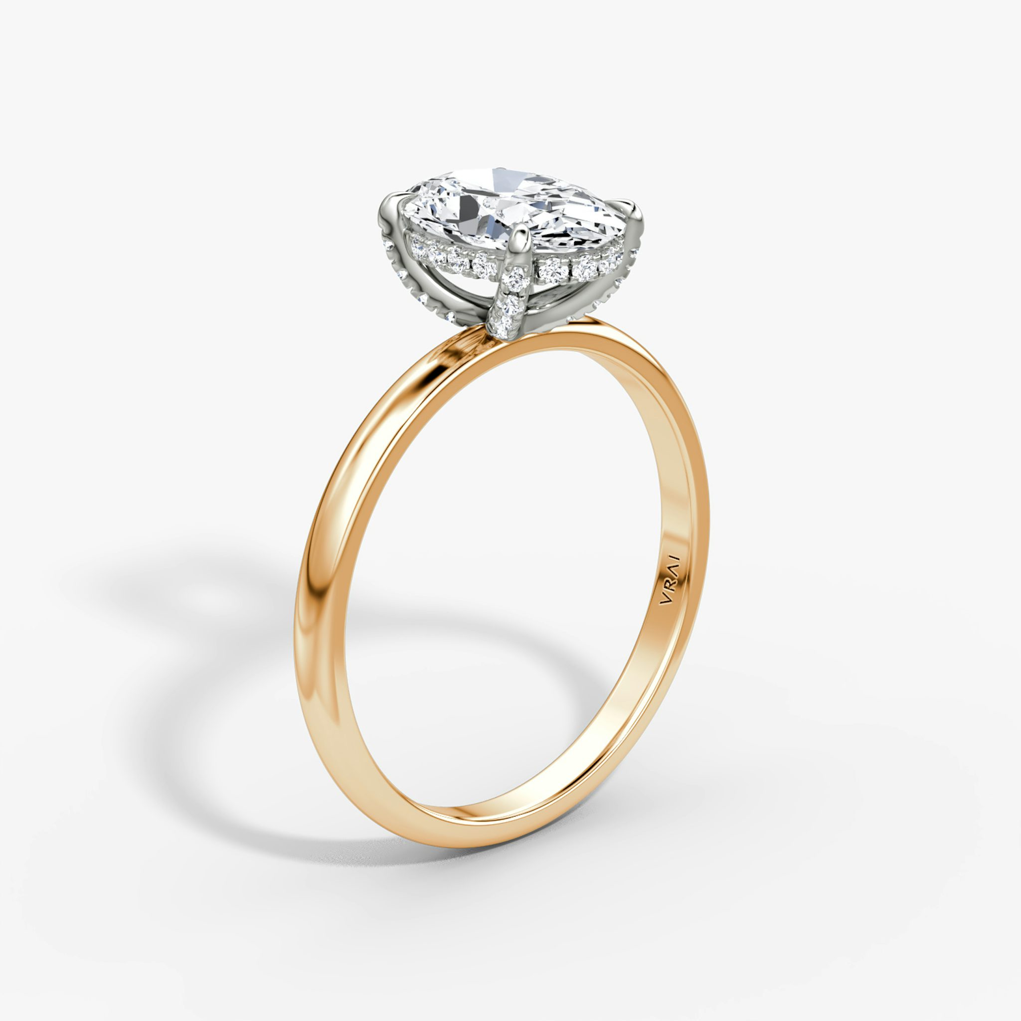 Anillo de compromiso Classic Hidden Halo | Oval | 14k | Oro rosa y platino | bandAccent: Simple | bandWidth: large | prongStyle: Pavé | diamondOrientation: vertical | caratWeight: other