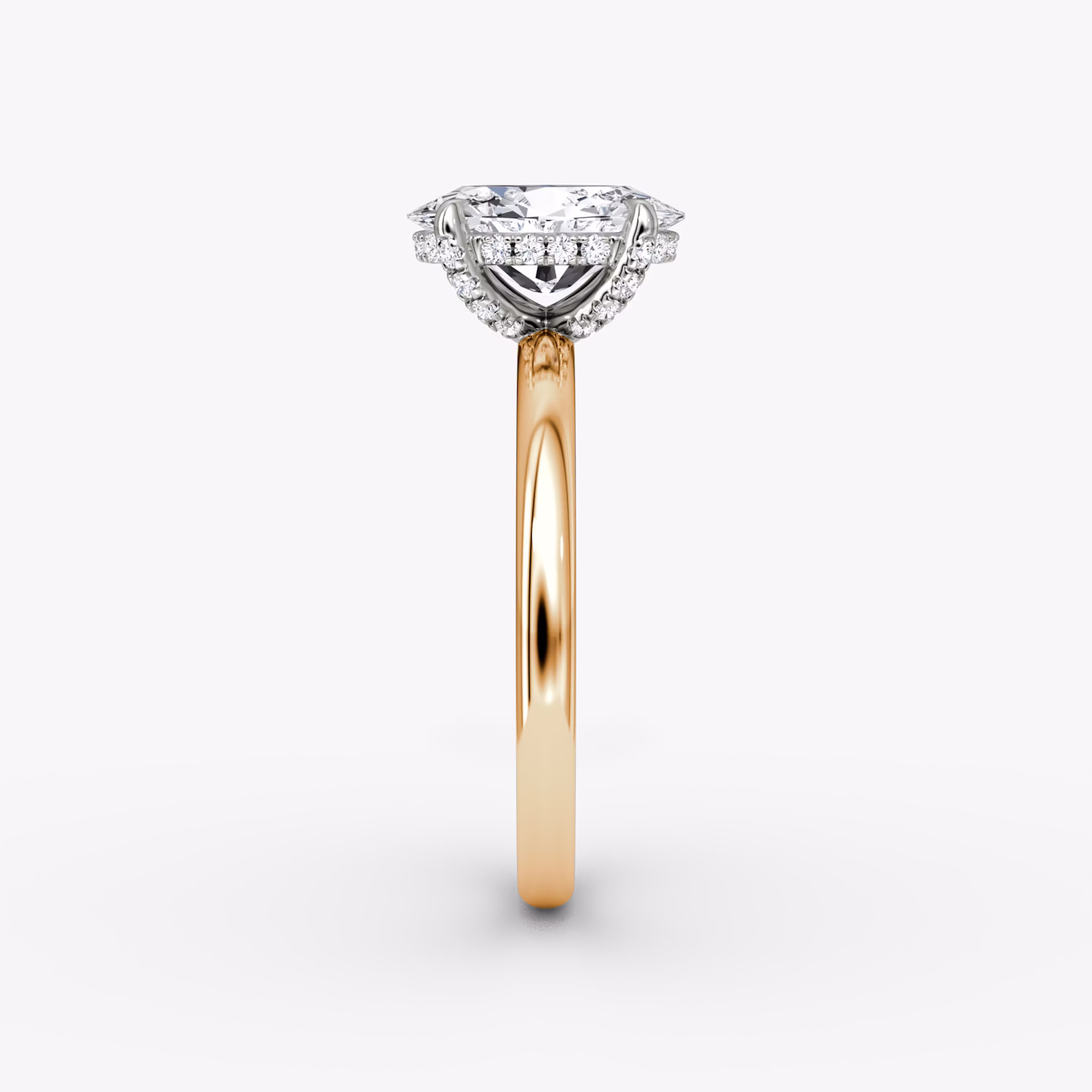 Anillo de compromiso Classic Hidden Halo | Oval | 14k | Oro rosa y platino | bandAccent: Simple | bandWidth: large | prongStyle: Pavé | diamondOrientation: vertical | caratWeight: other