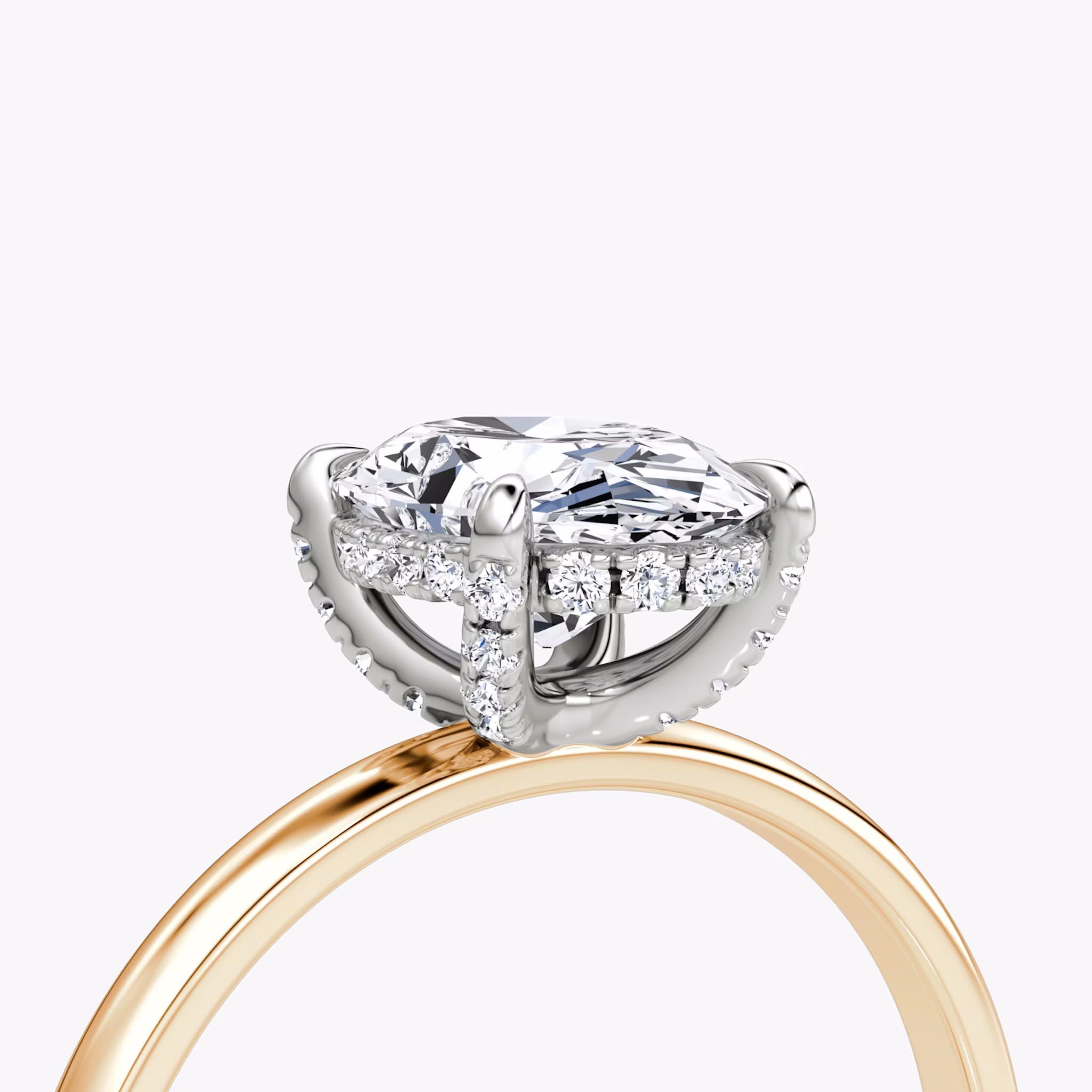 Anillo de compromiso Classic Hidden Halo | Oval | 14k | Oro rosa y platino | bandAccent: Simple | bandWidth: large | prongStyle: Pavé | diamondOrientation: vertical | caratWeight: other