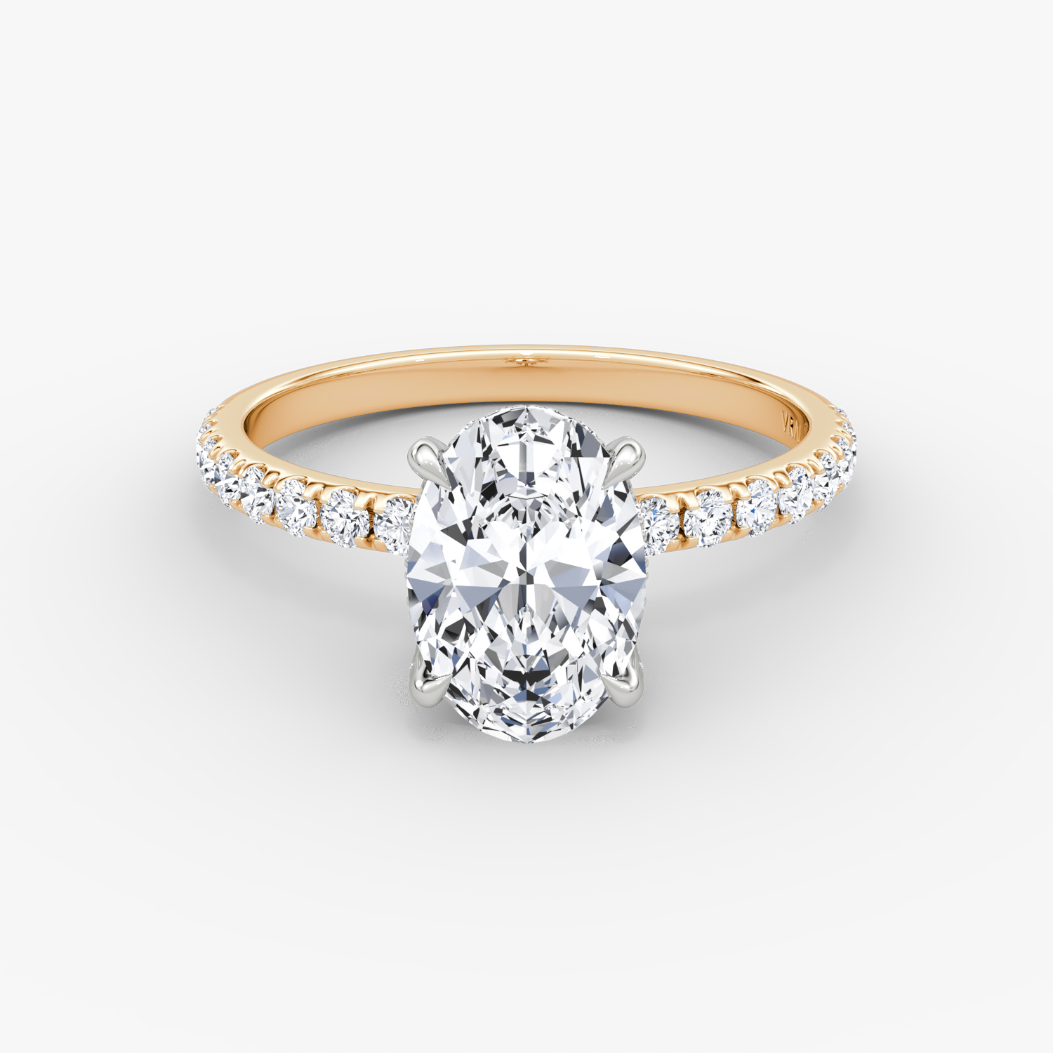 Anillo de compromiso Classic Hidden Halo | Oval | 14k | Oro rosa y platino | bandAccent: Pavé | bandWidth: large | prongStyle: Pavé | diamondOrientation: vertical | caratWeight: other