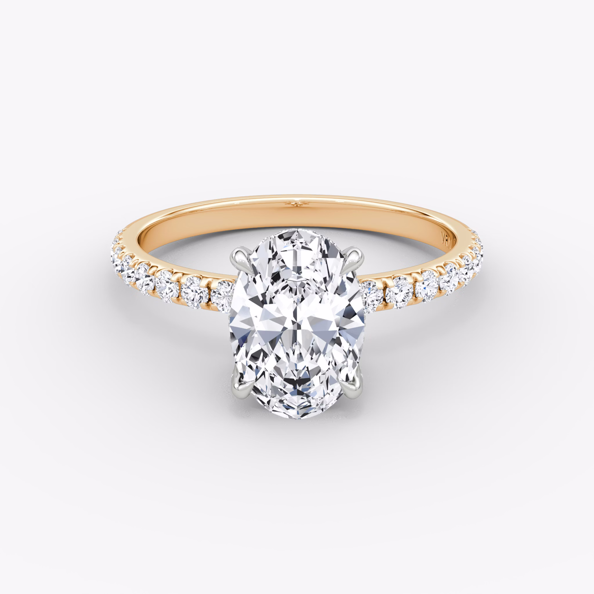 Anillo de compromiso Classic Hidden Halo | Oval | 14k | Oro rosa y platino | bandAccent: Pavé | bandWidth: large | prongStyle: Pavé | diamondOrientation: vertical | caratWeight: other