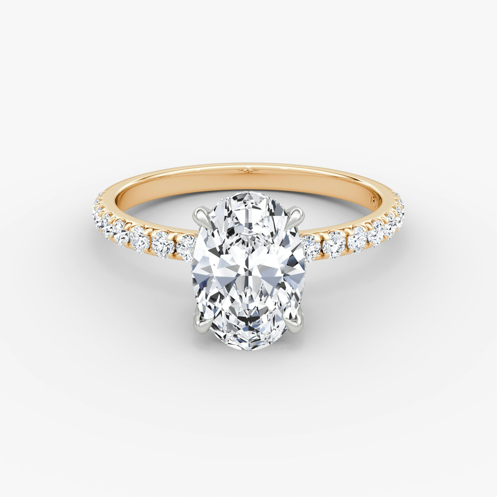 Anillo de compromiso Classic Hidden Halo | Oval | 14k | Oro rosa y platino | bandAccent: Pavé | bandWidth: large | prongStyle: Pavé | diamondOrientation: vertical | caratWeight: other