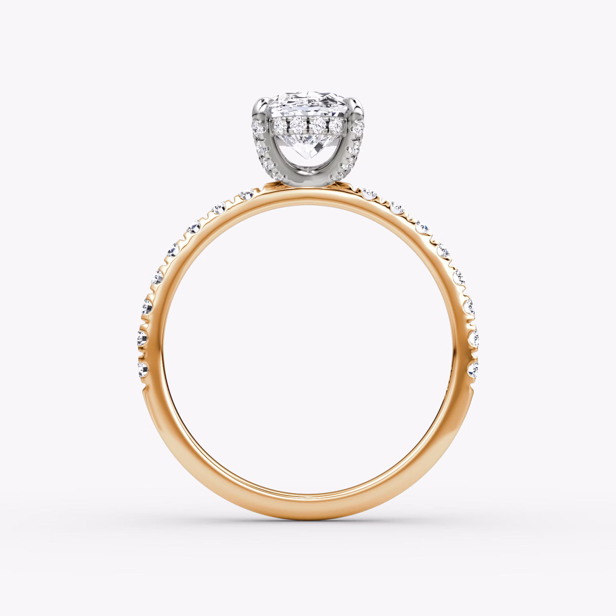 Anillo de compromiso Classic Hidden Halo | Oval | 14k | Oro rosa y platino | bandAccent: Pavé | bandWidth: large | prongStyle: Pavé | diamondOrientation: vertical | caratWeight: other