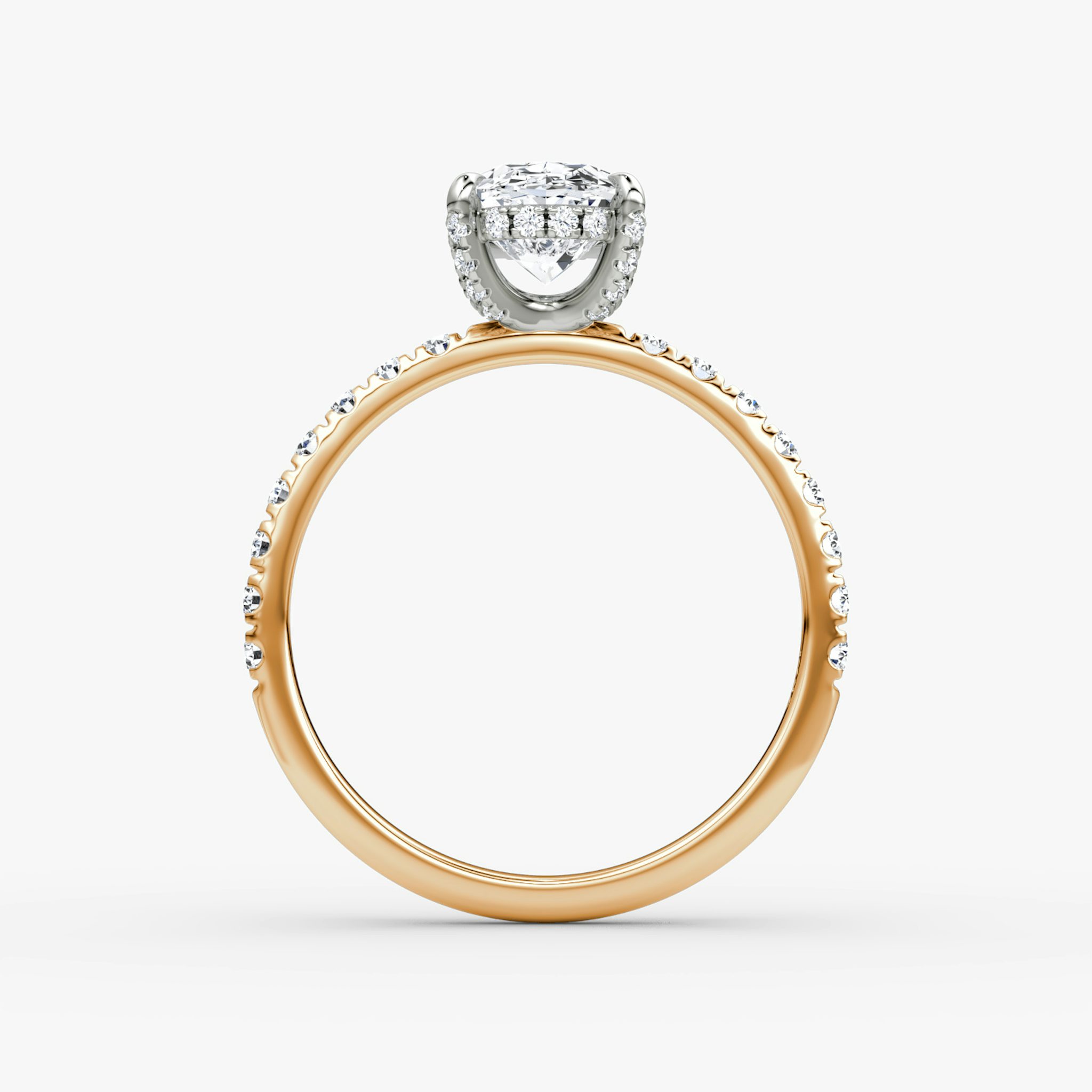 Anillo de compromiso Classic Hidden Halo | Oval | 14k | Oro rosa y platino | bandAccent: Pavé | bandWidth: large | prongStyle: Pavé | diamondOrientation: vertical | caratWeight: other