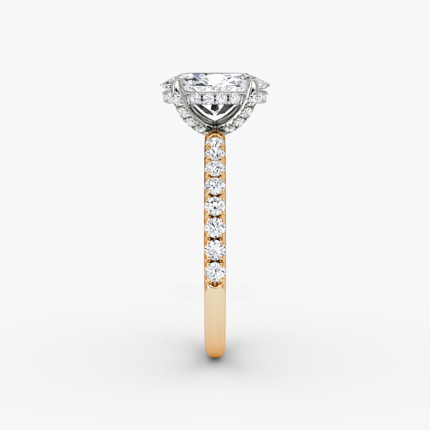Anillo de compromiso Classic Hidden Halo | Oval | 14k | Oro rosa y platino | bandAccent: Pavé | bandWidth: large | prongStyle: Pavé | diamondOrientation: vertical | caratWeight: other