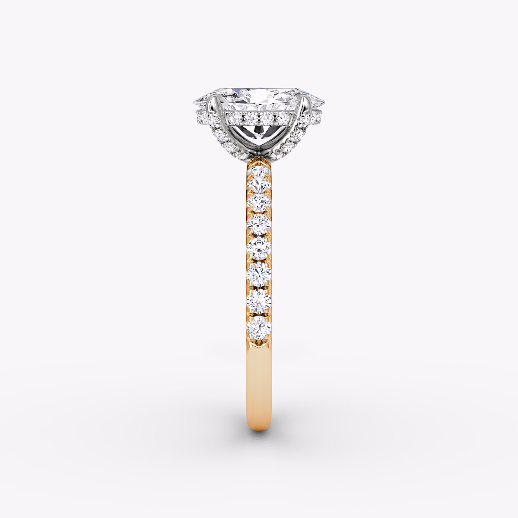 Anillo de compromiso Classic Hidden Halo | Oval | 14k | Oro rosa y platino | bandAccent: Pavé | bandWidth: large | prongStyle: Pavé | diamondOrientation: vertical | caratWeight: other