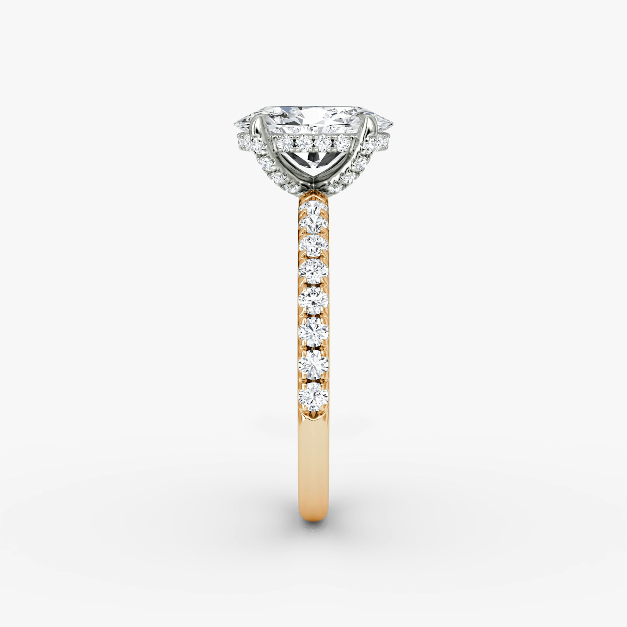Anillo de compromiso Classic Hidden Halo | Oval | 14k | Oro rosa y platino | bandAccent: Pavé | bandWidth: large | prongStyle: Pavé | diamondOrientation: vertical | caratWeight: other