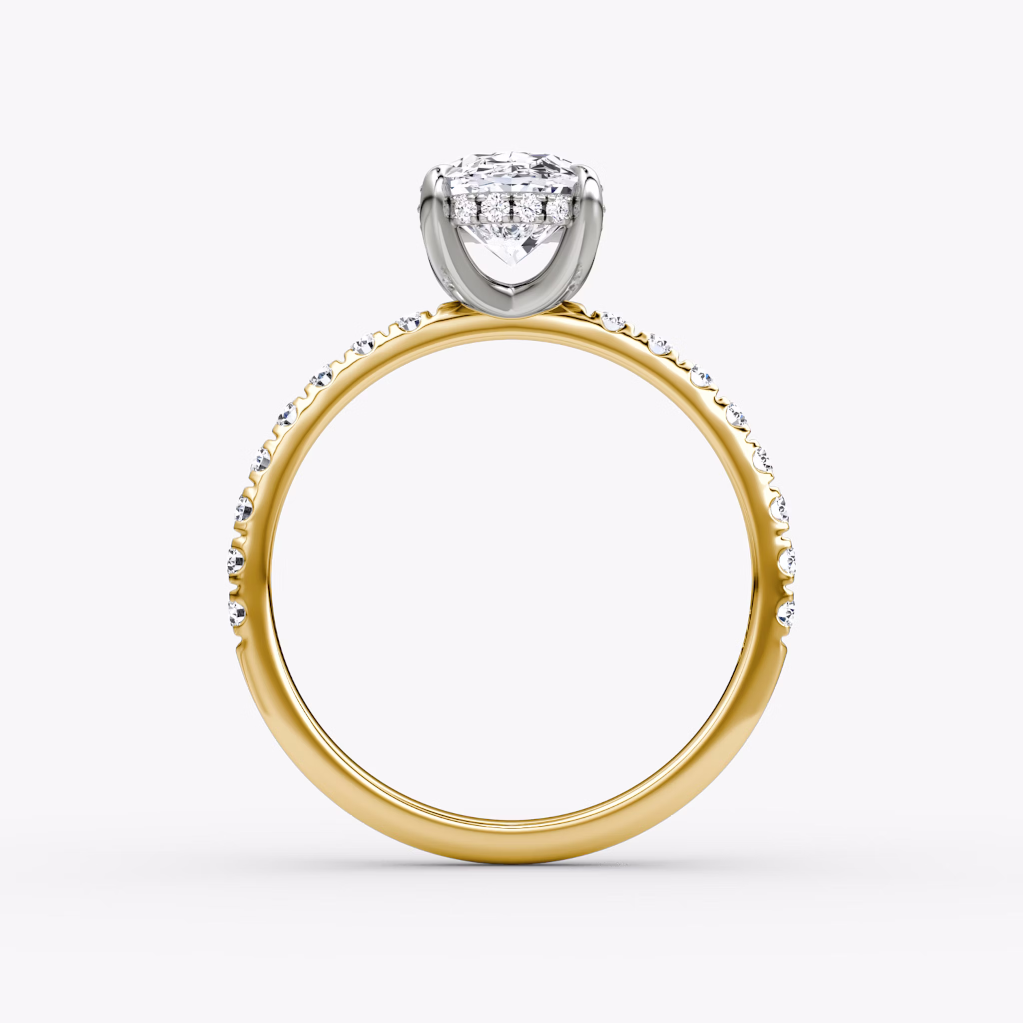 Anillo de compromiso Classic Hidden Halo | Oval | 18k | Oro amarillo y platino | bandAccent: Pavé | bandWidth: large | prongStyle: Simple | diamondOrientation: vertical | caratWeight: other
