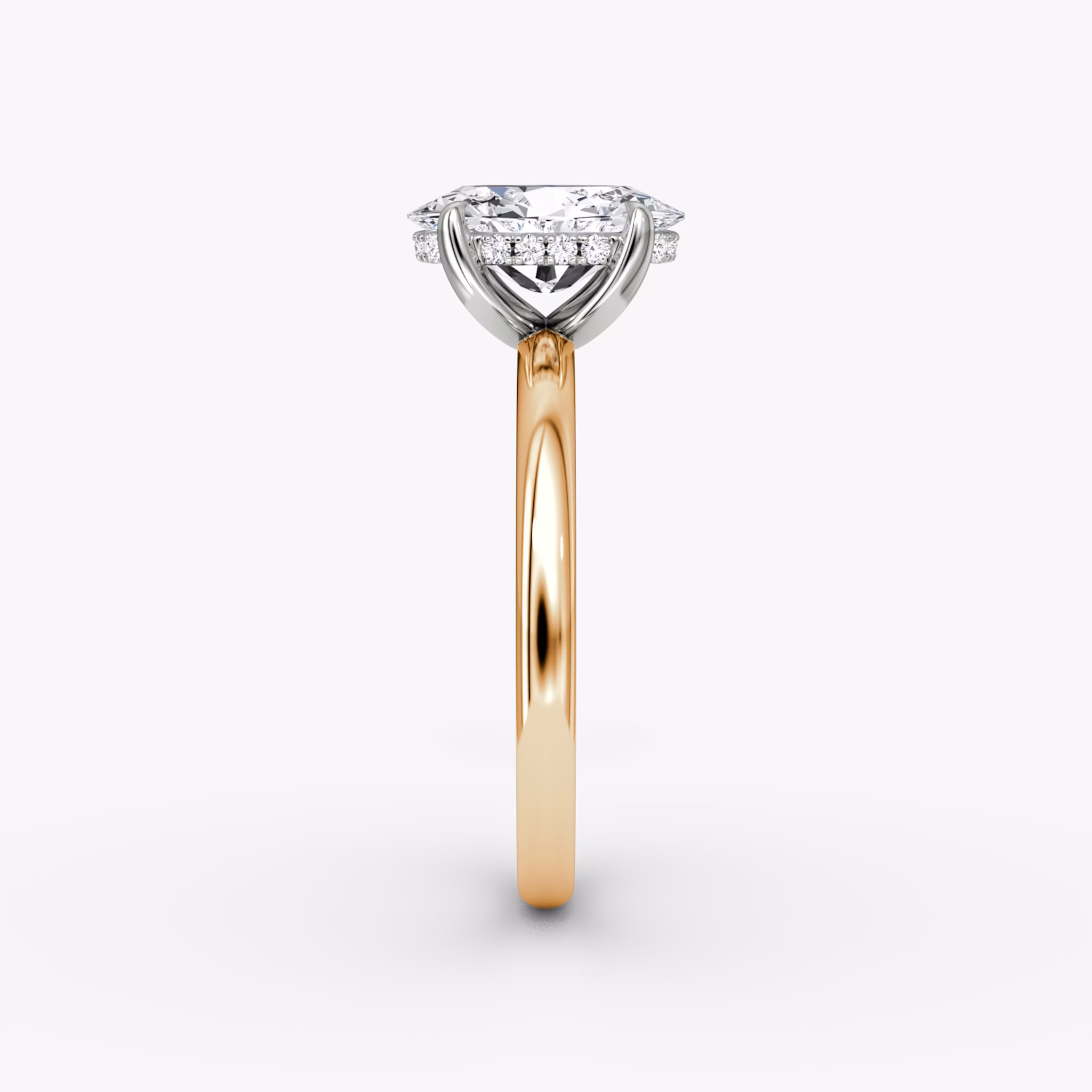 Anillo de compromiso Classic Hidden Halo | Oval | 14k | Oro rosa y platino | bandAccent: Simple | bandWidth: large | prongStyle: Simple | diamondOrientation: vertical | caratWeight: other