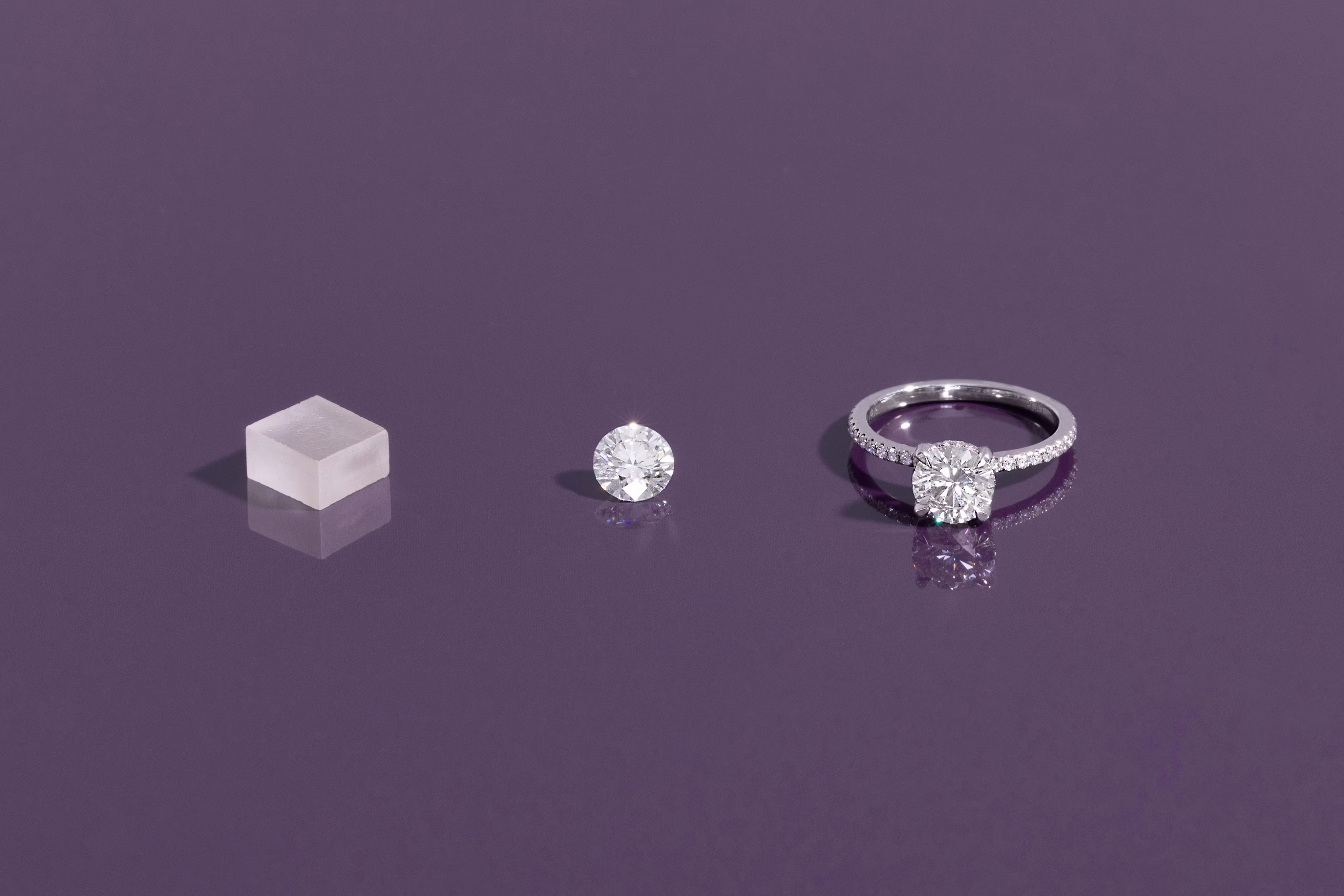 Lab grown round diamond evolution from rough to pavé ring.