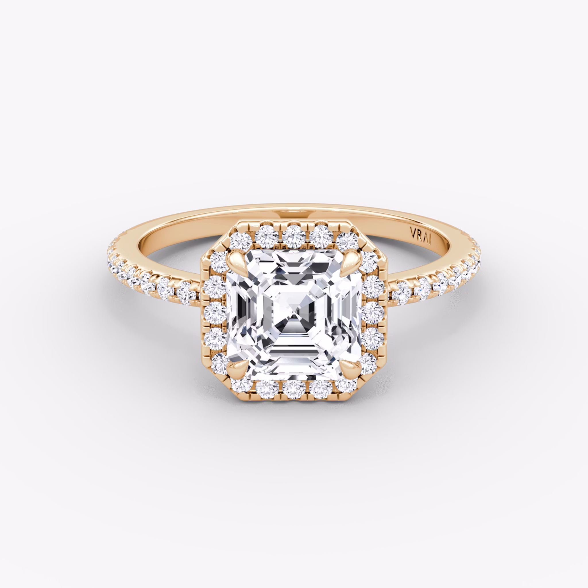 The Halo | Asscher | 14k | Rose Gold | bandAccent: Pavé | haloSize: original | diamondOrientation: vertical | caratWeight: other