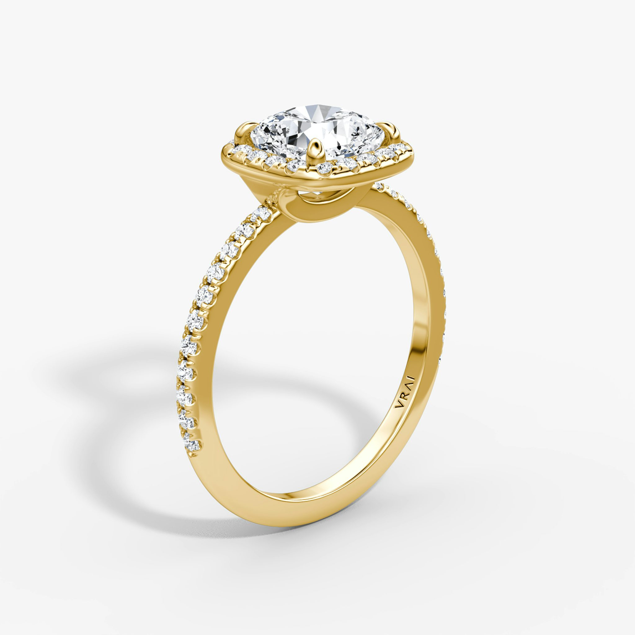 The Halo | Cushion | 18k | Yellow Gold | bandAccent: Pavé | haloSize: original | diamondOrientation: vertical | caratWeight: other