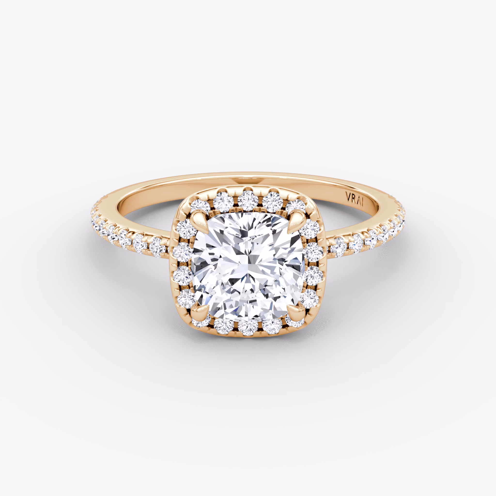 The Halo | Cushion | 14k | Rose Gold | bandAccent: Pavé | haloSize: original | diamondOrientation: vertical | caratWeight: other