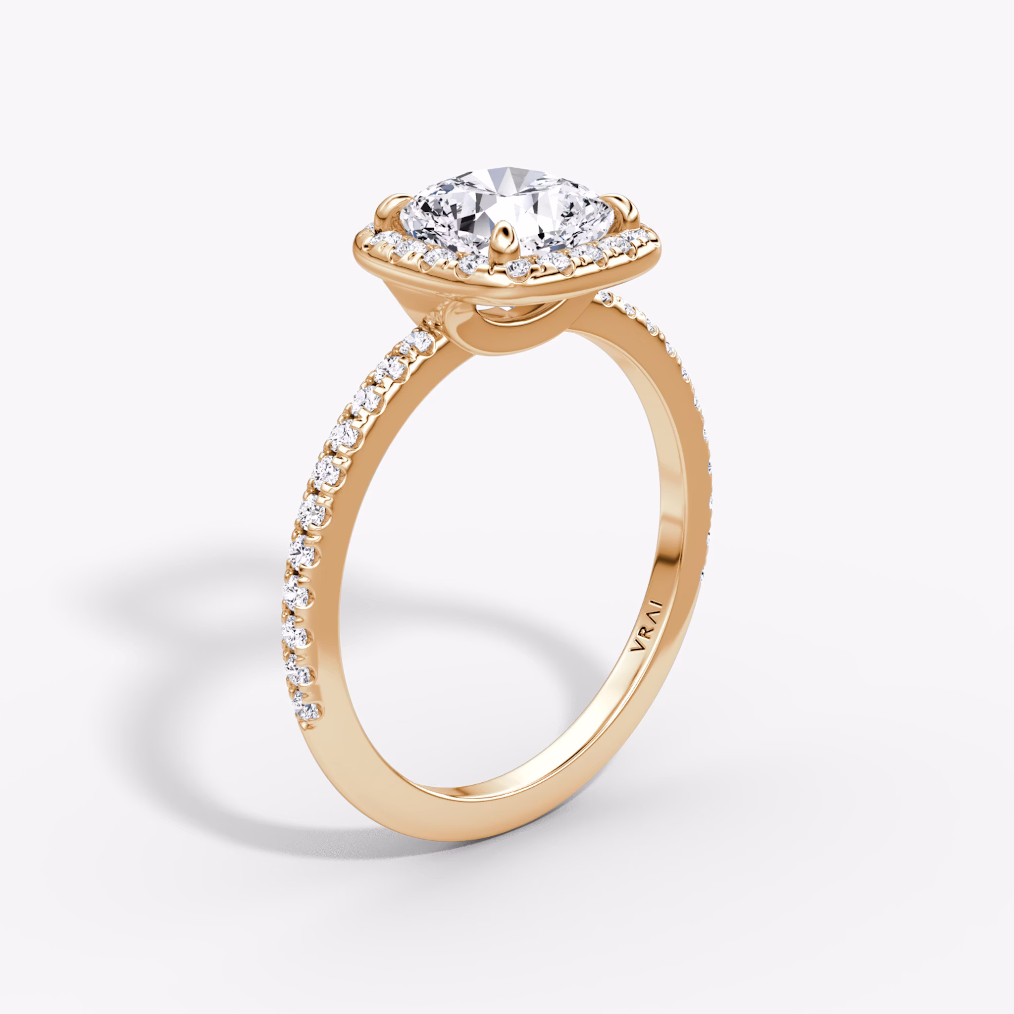 The Halo | Cushion | 14k | Rose Gold | bandAccent: Pavé | haloSize: original | diamondOrientation: vertical | caratWeight: other