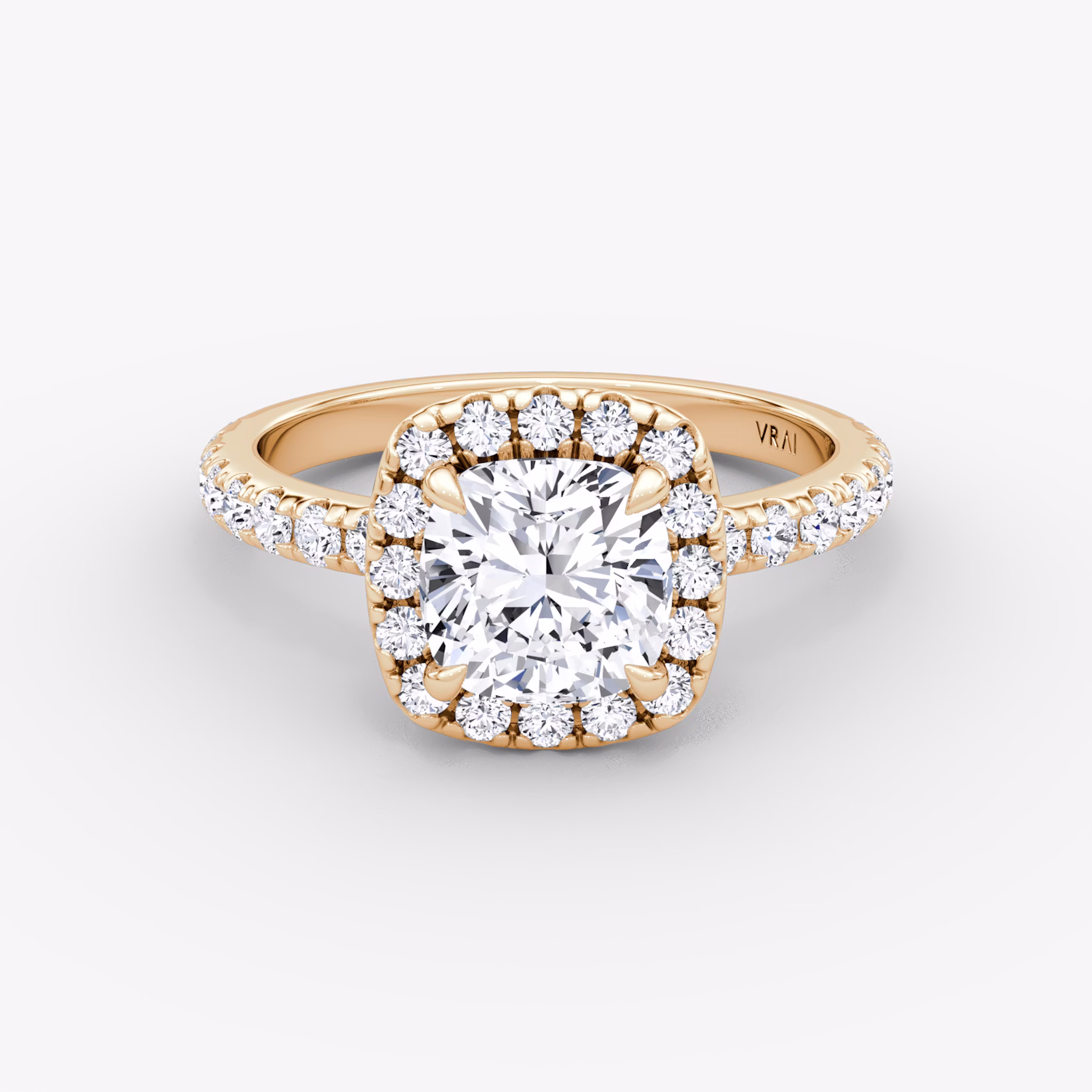 The Halo | Cushion | 14k | Rose Gold | bandAccent: Pavé | haloSize: large | diamondOrientation: vertical | caratWeight: other