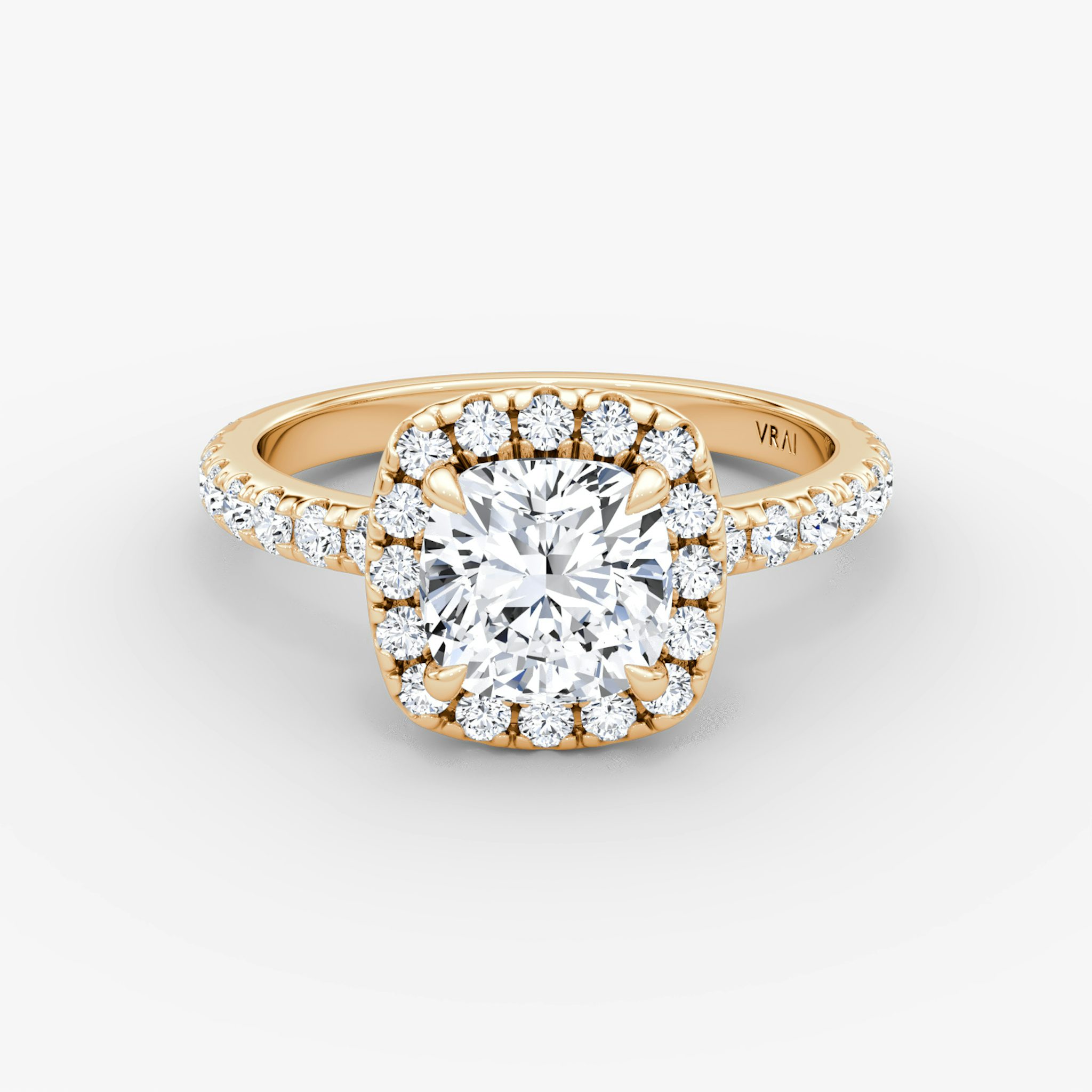 The Halo | Cushion | 14k | Rose Gold | bandAccent: Pavé | haloSize: large | diamondOrientation: vertical | caratWeight: other