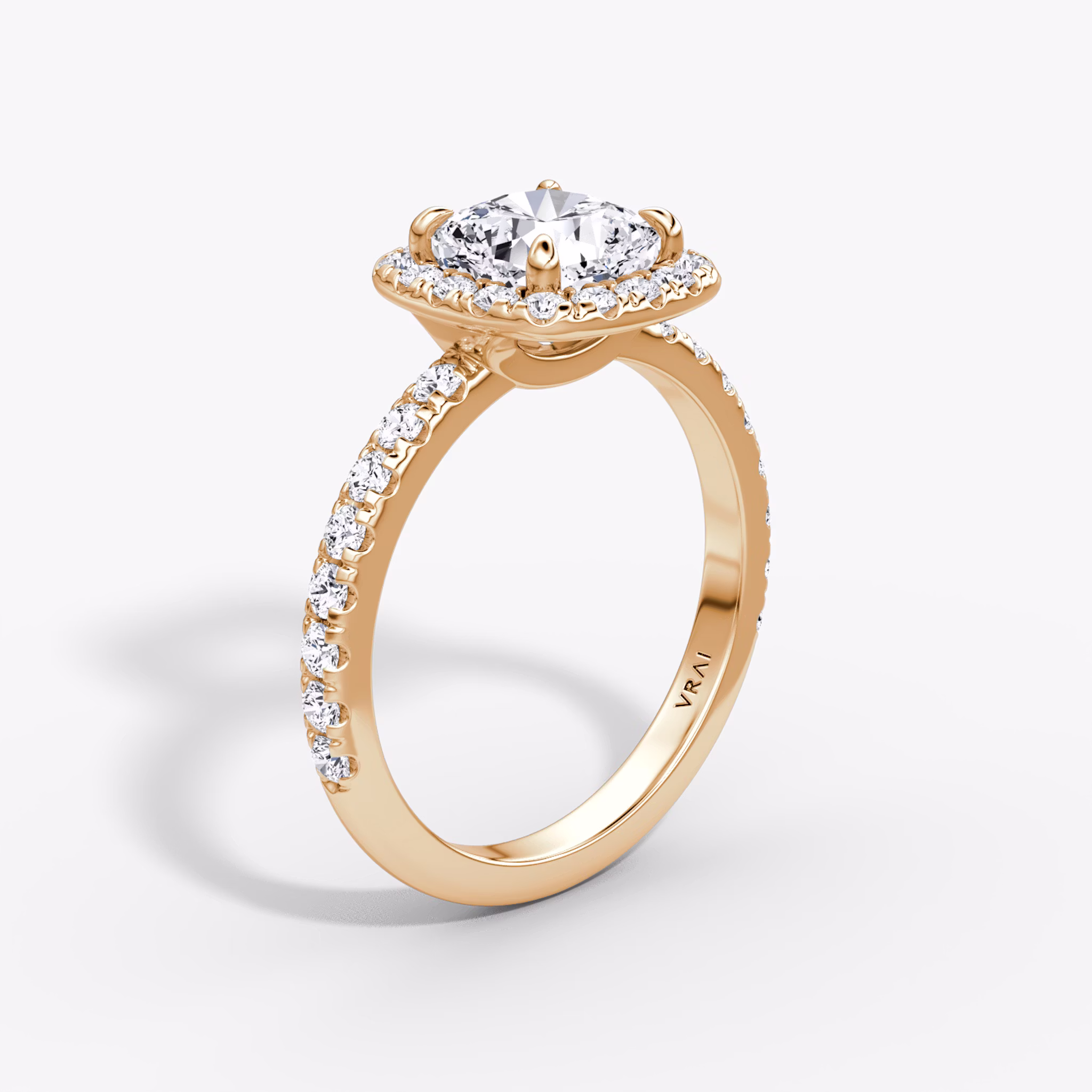 The Halo | Cushion | 14k | Rose Gold | bandAccent: Pavé | haloSize: large | diamondOrientation: vertical | caratWeight: other