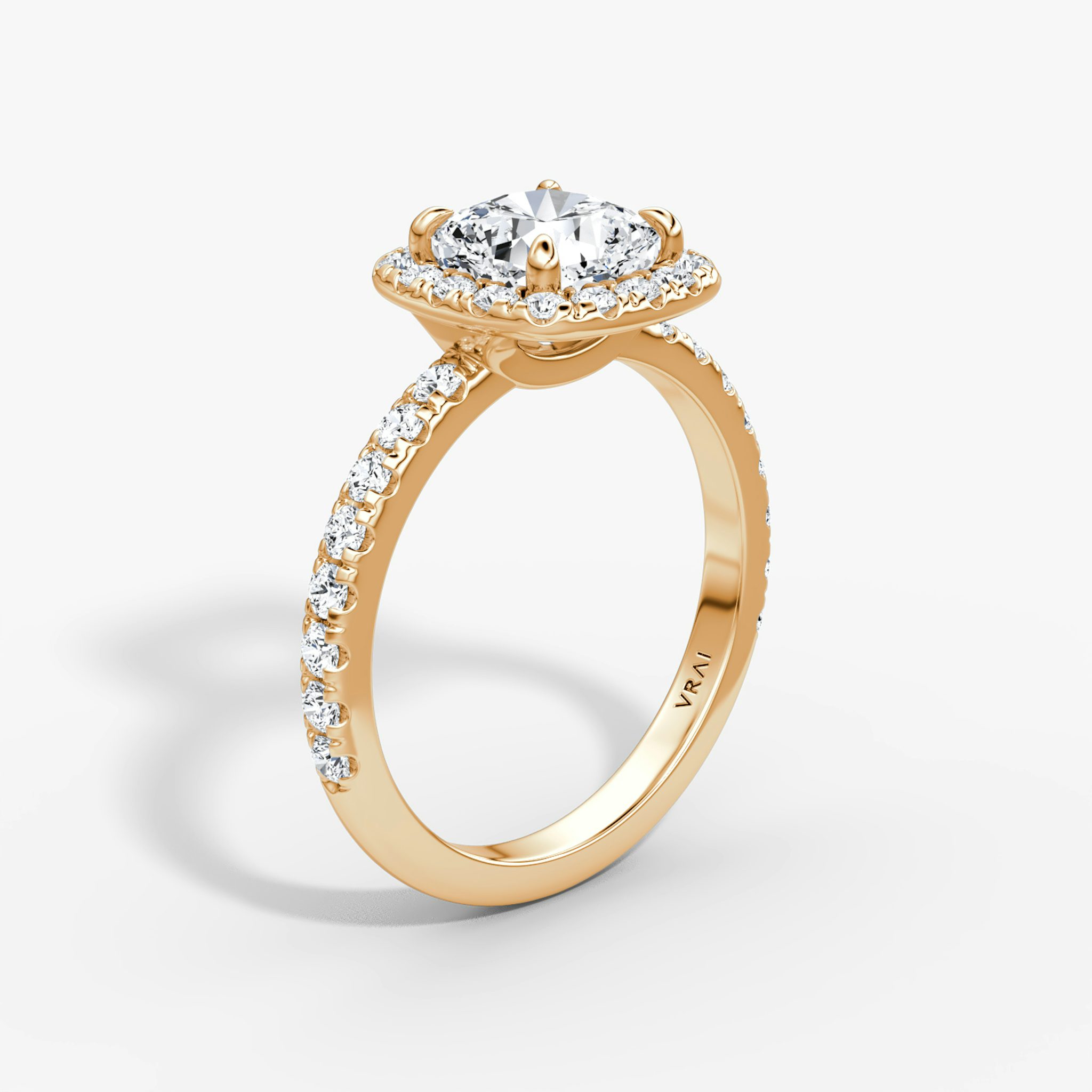 The Halo | Cushion | 14k | Rose Gold | bandAccent: Pavé | haloSize: large | diamondOrientation: vertical | caratWeight: other