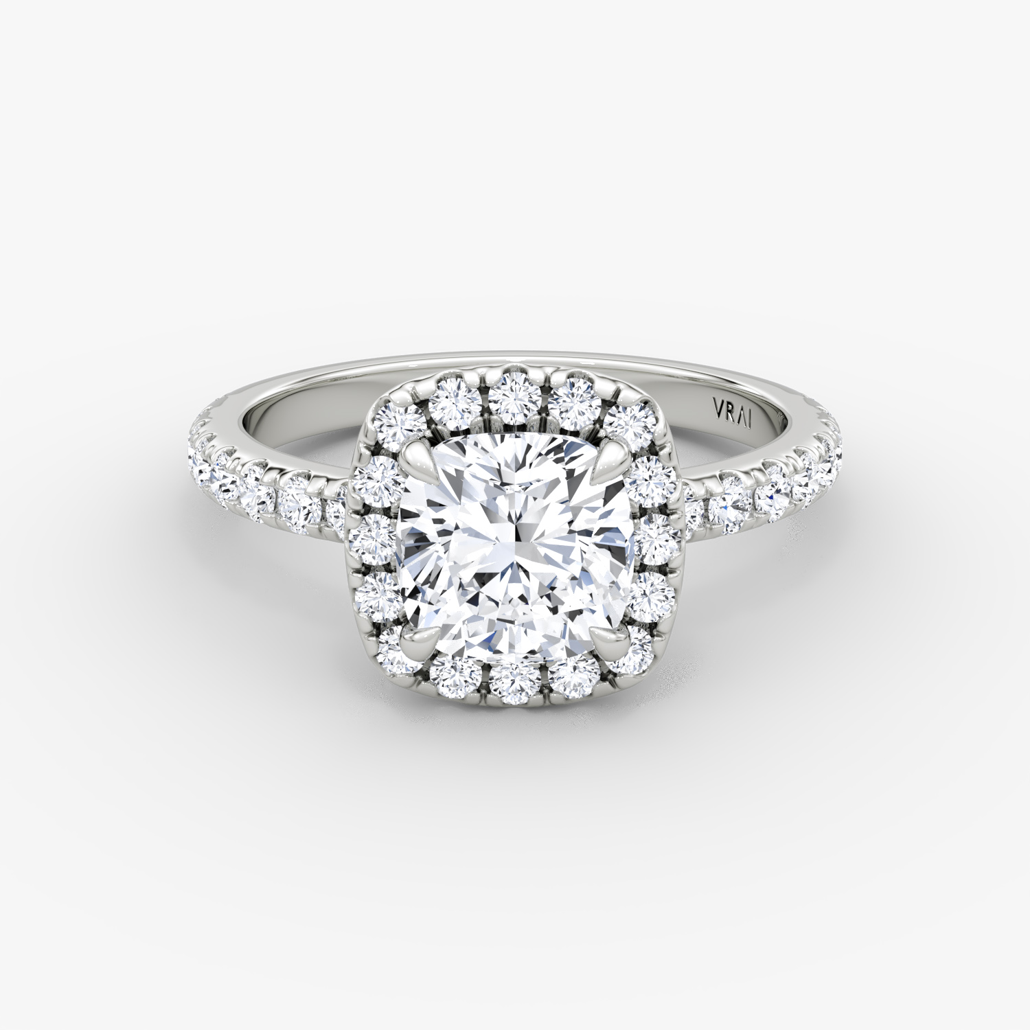 The Halo | Cushion | 18k | White Gold | bandAccent: Pavé | haloSize: large | diamondOrientation: vertical | caratWeight: other