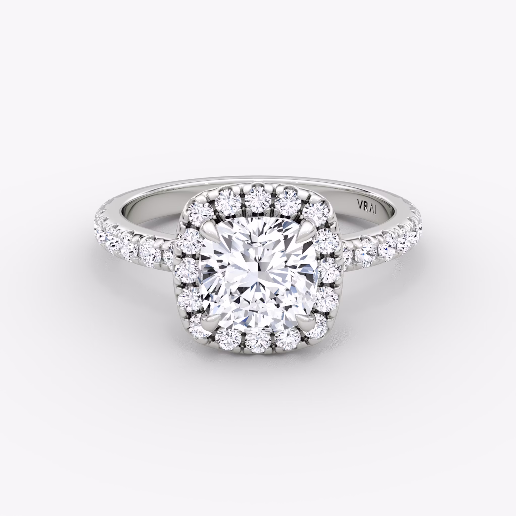 The Halo | Cushion | 18k | White Gold | bandAccent: Pavé | haloSize: large | diamondOrientation: vertical | caratWeight: other