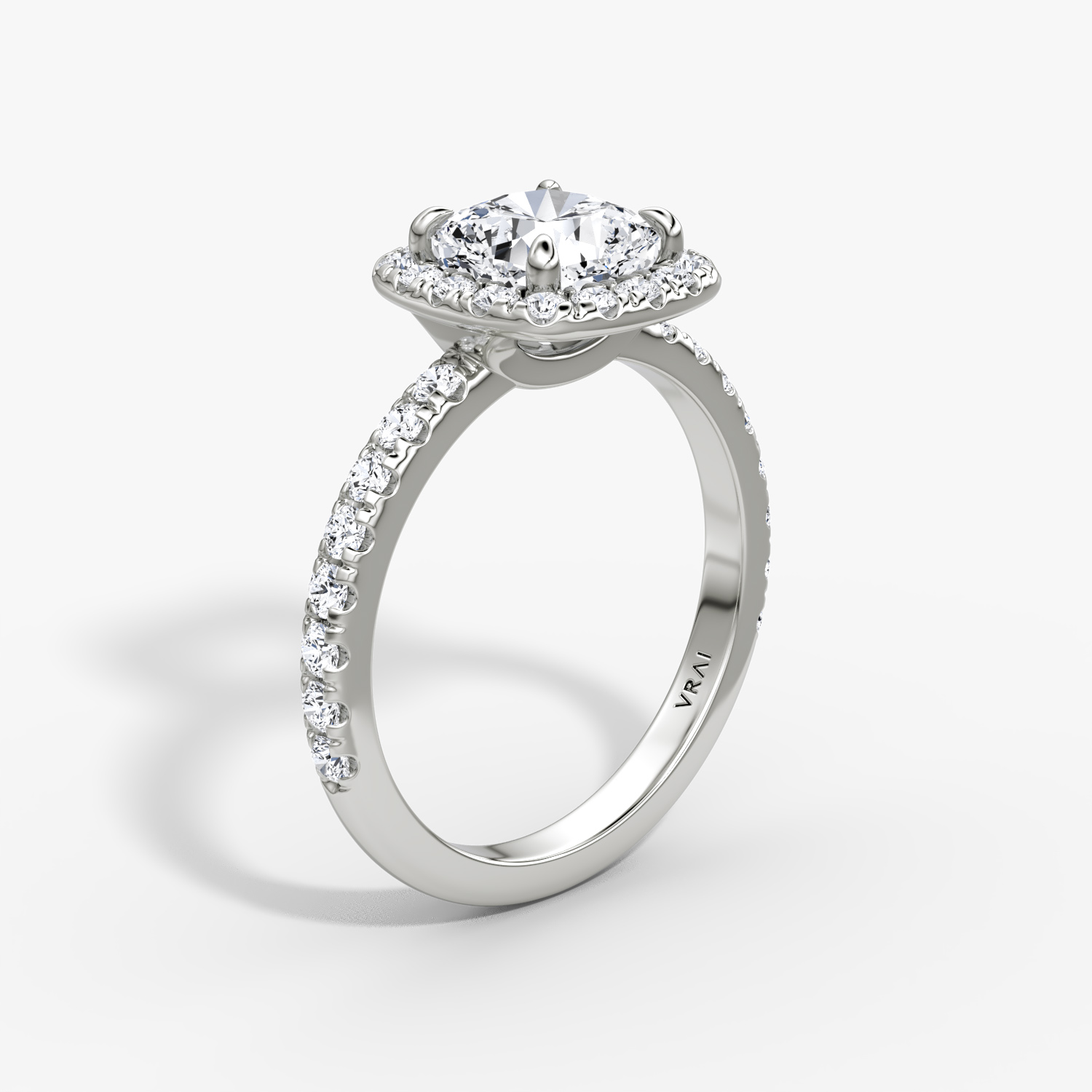 The Halo | Cushion | 18k | White Gold | bandAccent: Pavé | haloSize: large | diamondOrientation: vertical | caratWeight: other