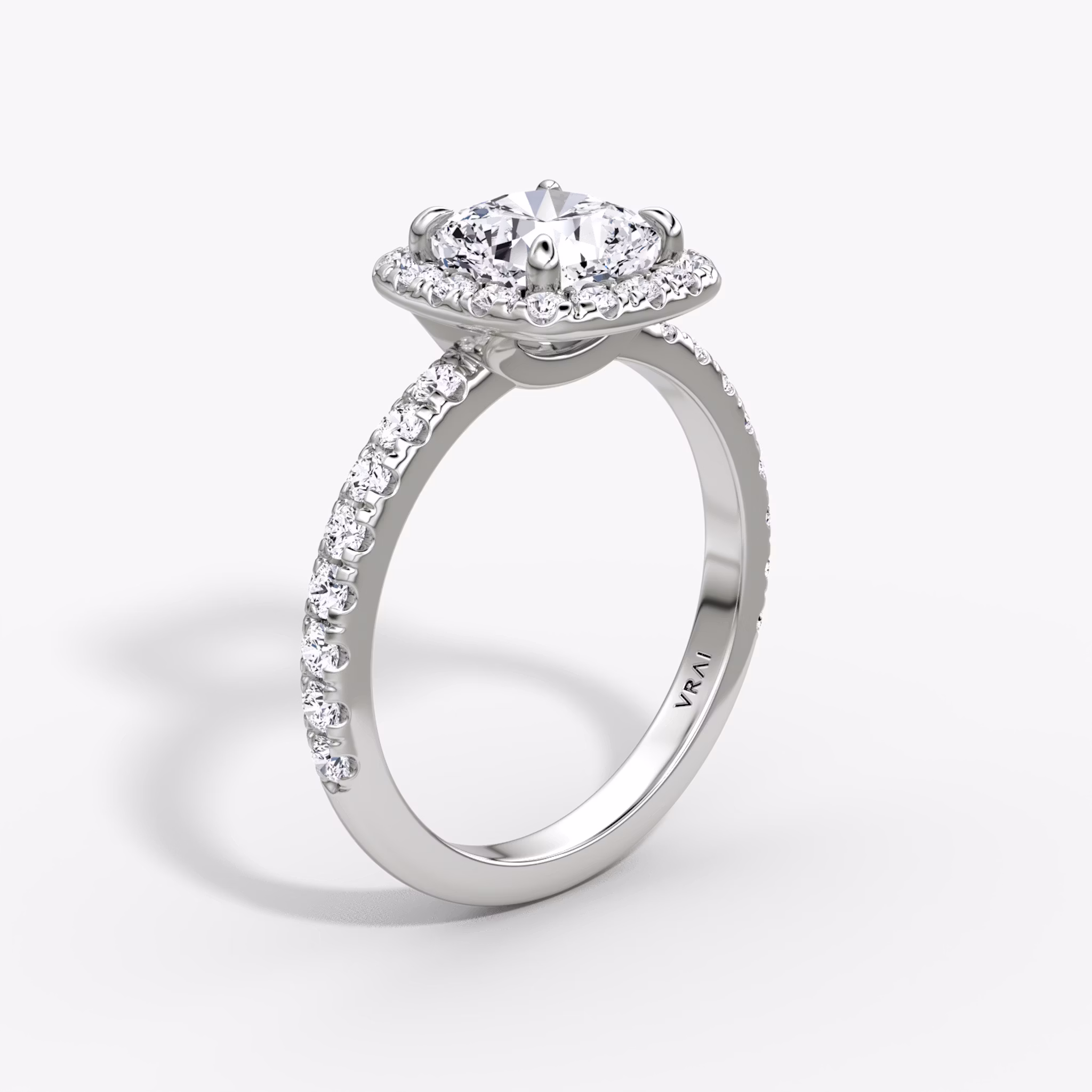 The Halo | Cushion | 18k | White Gold | bandAccent: Pavé | haloSize: large | diamondOrientation: vertical | caratWeight: other