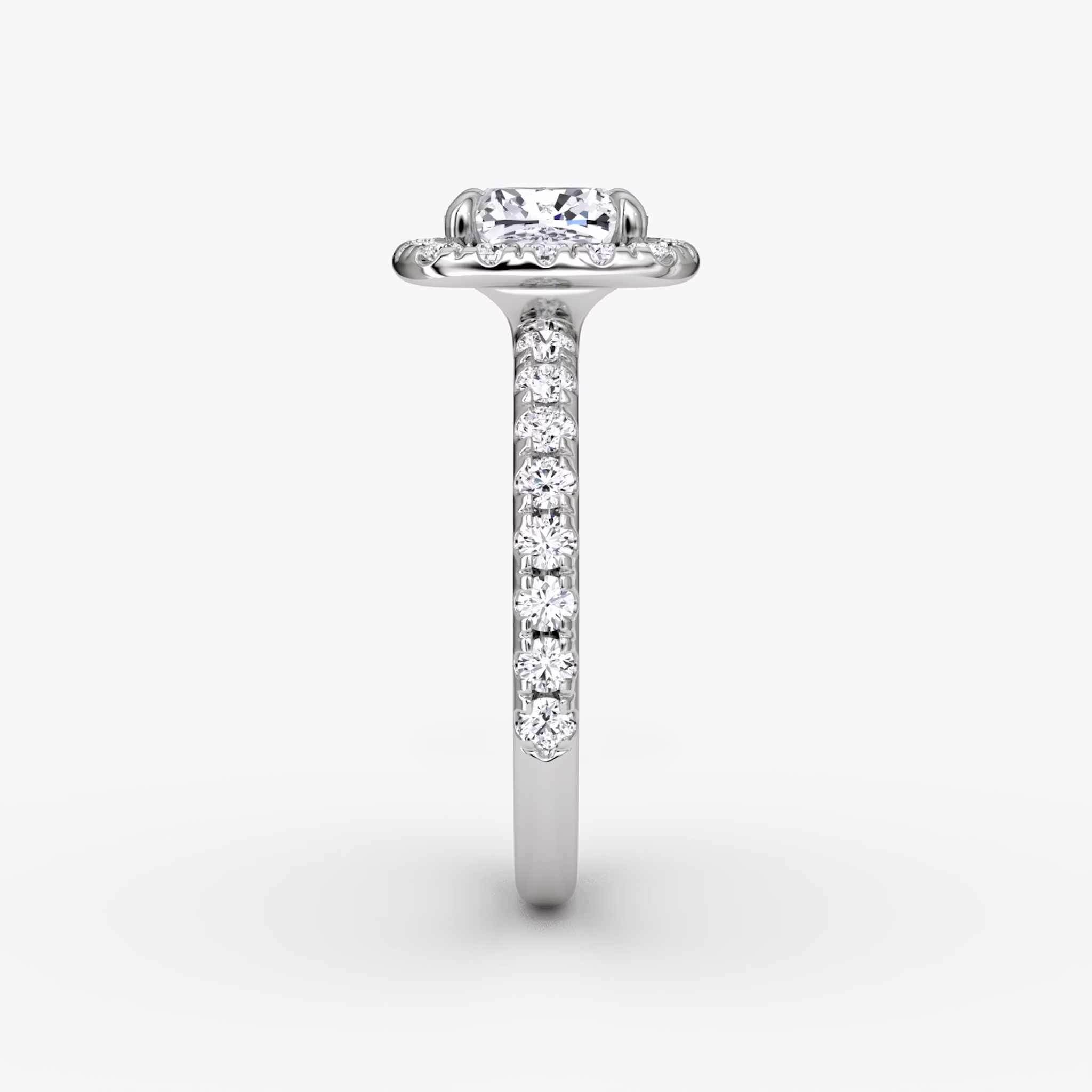 The Halo | Cushion | 18k | White Gold | bandAccent: Pavé | haloSize: large | diamondOrientation: vertical | caratWeight: other