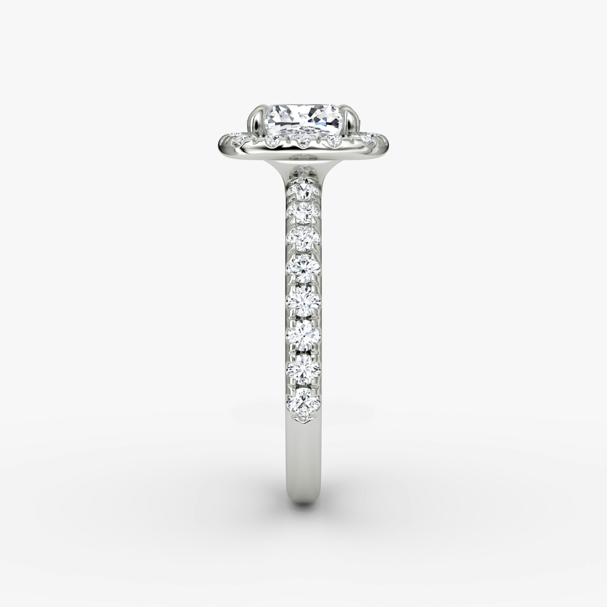 The Halo | Cushion | 18k | White Gold | bandAccent: Pavé | haloSize: large | diamondOrientation: vertical | caratWeight: other