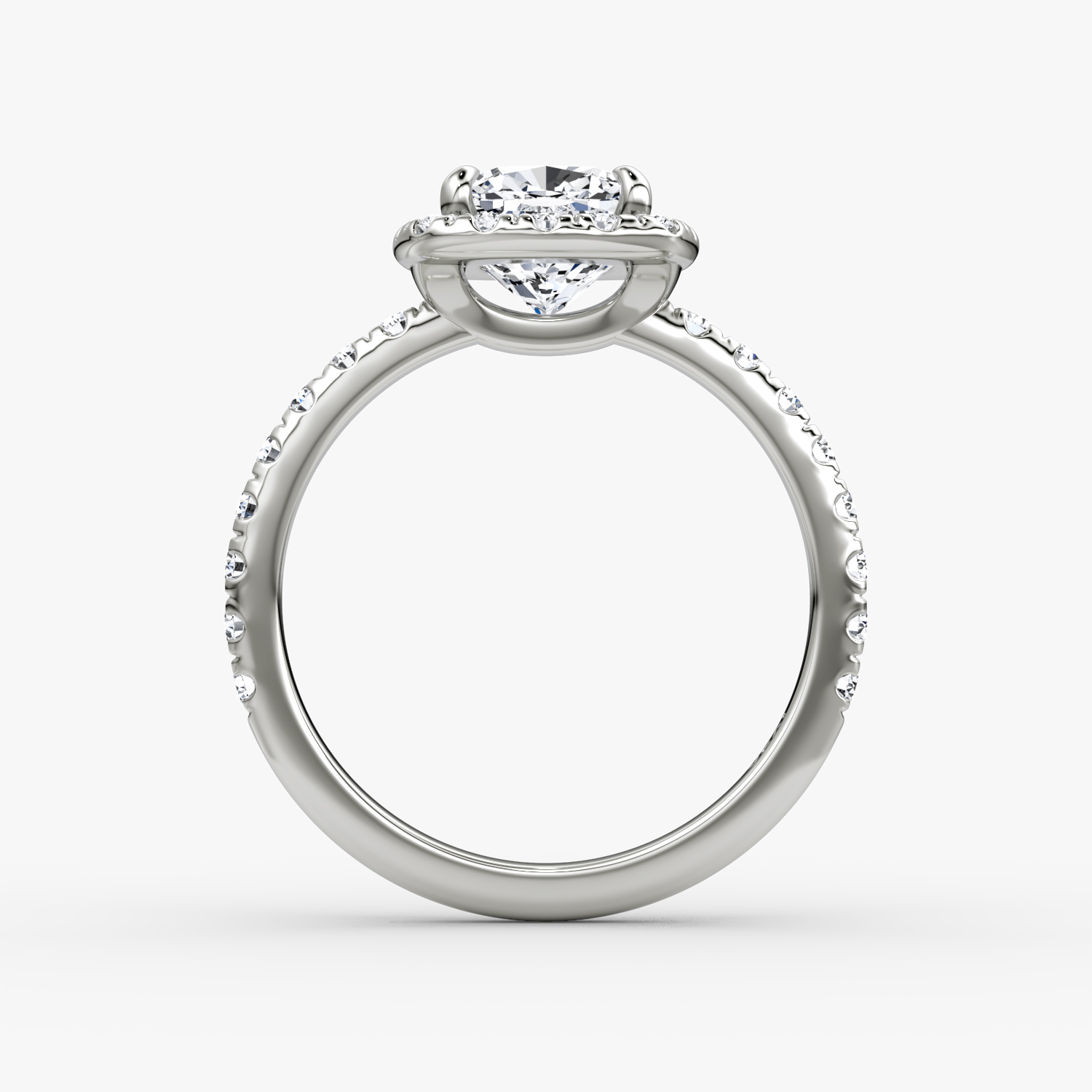 The Halo | Cushion | 18k | White Gold | bandAccent: Pavé | haloSize: large | diamondOrientation: vertical | caratWeight: other