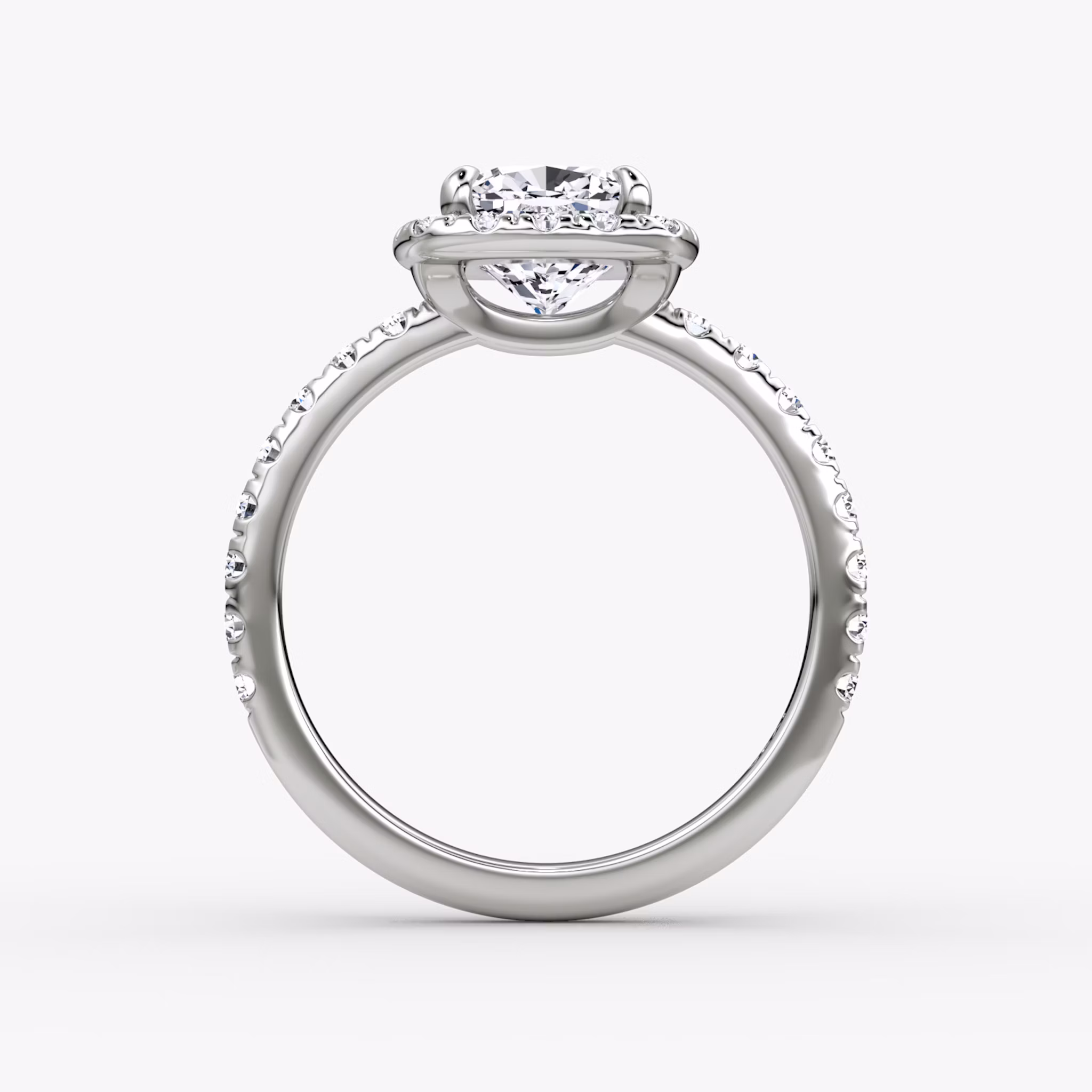 The Halo | Cushion | 18k | White Gold | bandAccent: Pavé | haloSize: large | diamondOrientation: vertical | caratWeight: other