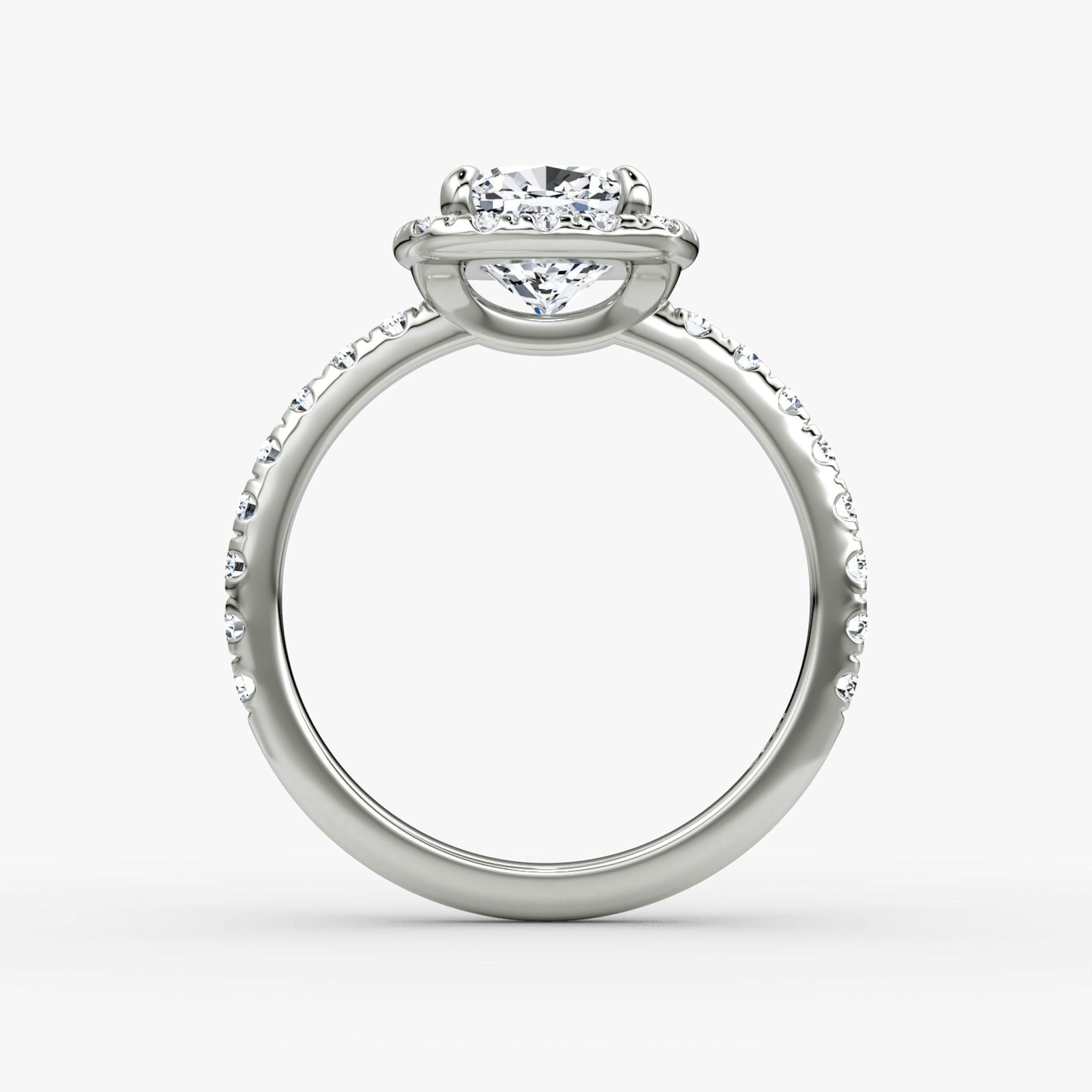 The Halo | Cushion | 18k | White Gold | bandAccent: Pavé | haloSize: large | diamondOrientation: vertical | caratWeight: other