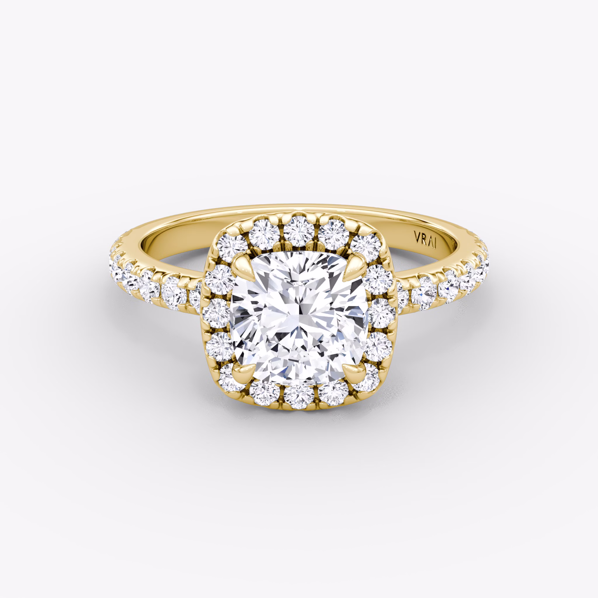 The Halo | Cushion | 18k | Yellow Gold | bandAccent: Pavé | haloSize: large | diamondOrientation: vertical | caratWeight: other